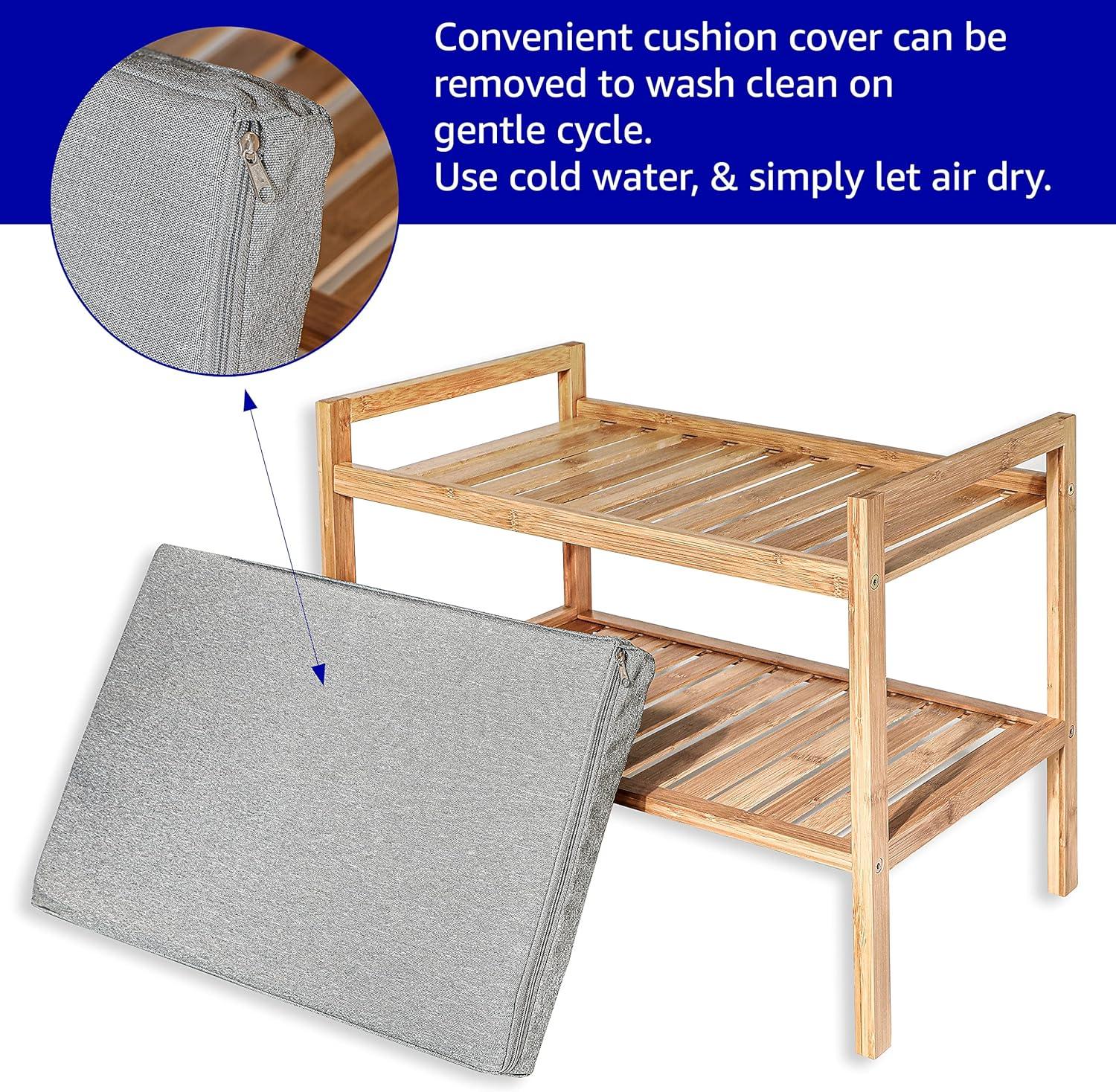 Bamboo Wood Shoe Storage Bench with Gray Cushion