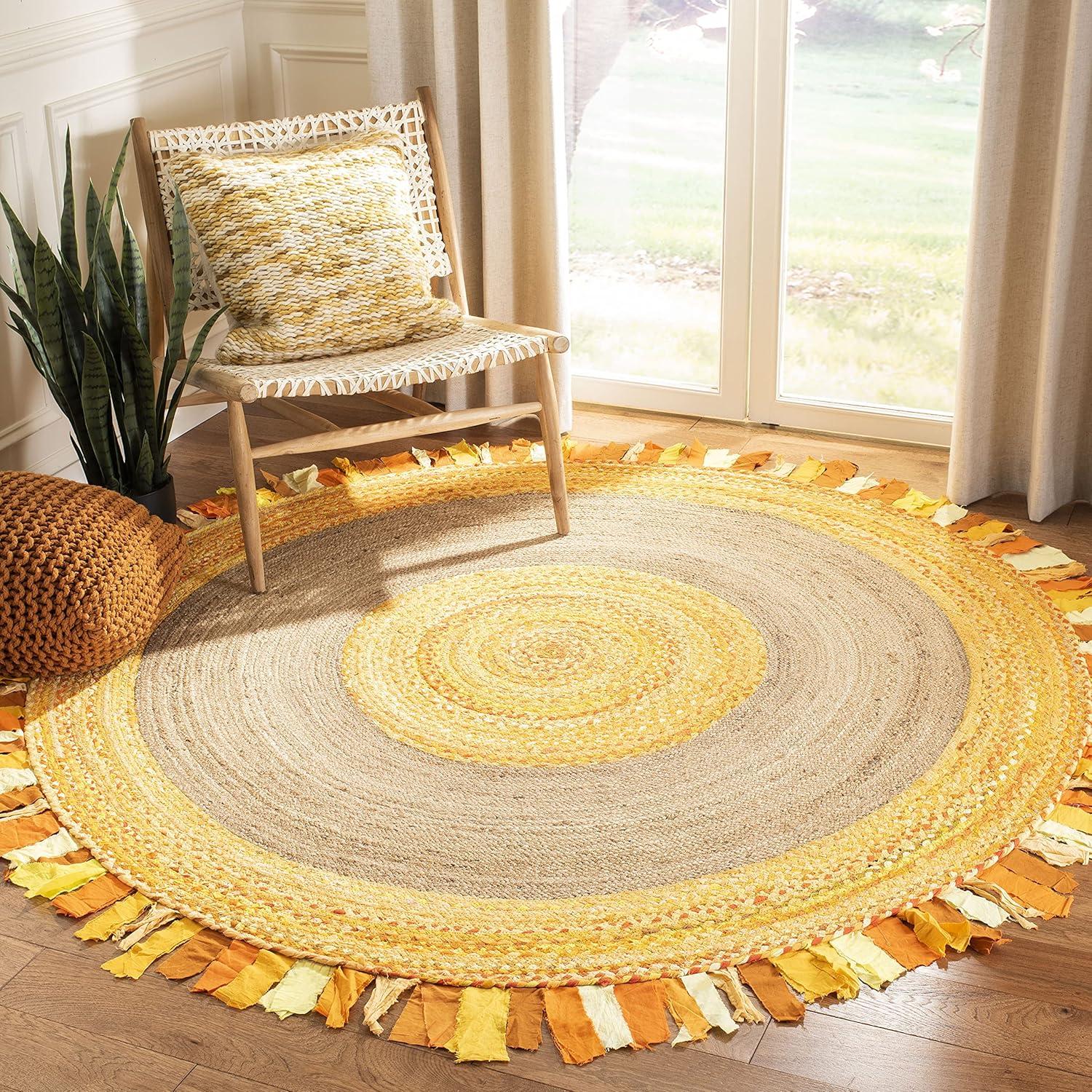 SAFAVIEH Cape Cod Susan Braided with Fringe Area Rug, 6' x 6' Round, Gold/Natural