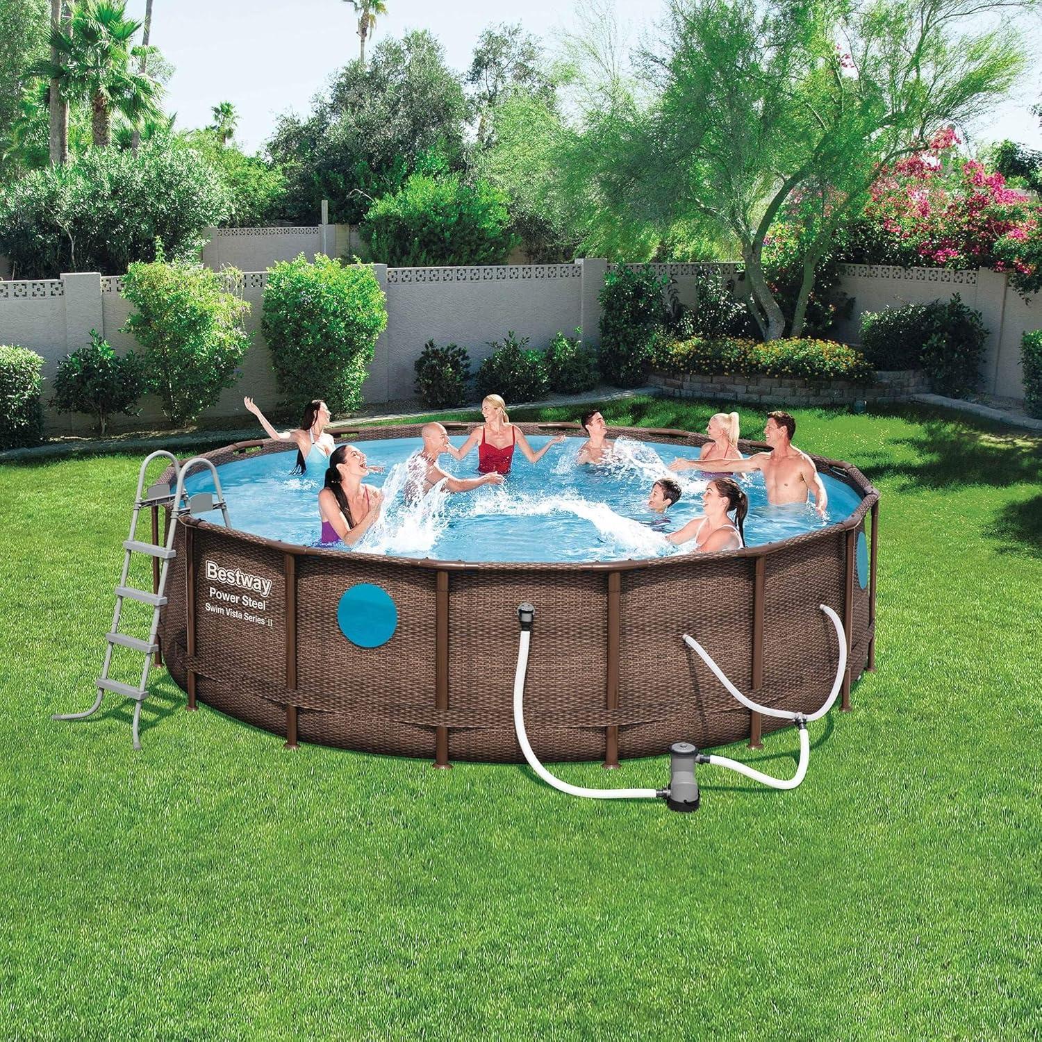 Bestway 16-ft x 16-ft x 48-in Metal frame Round Above-Ground Pool with Filter Pump with Ground Cloth with Pool Cover with Ladder