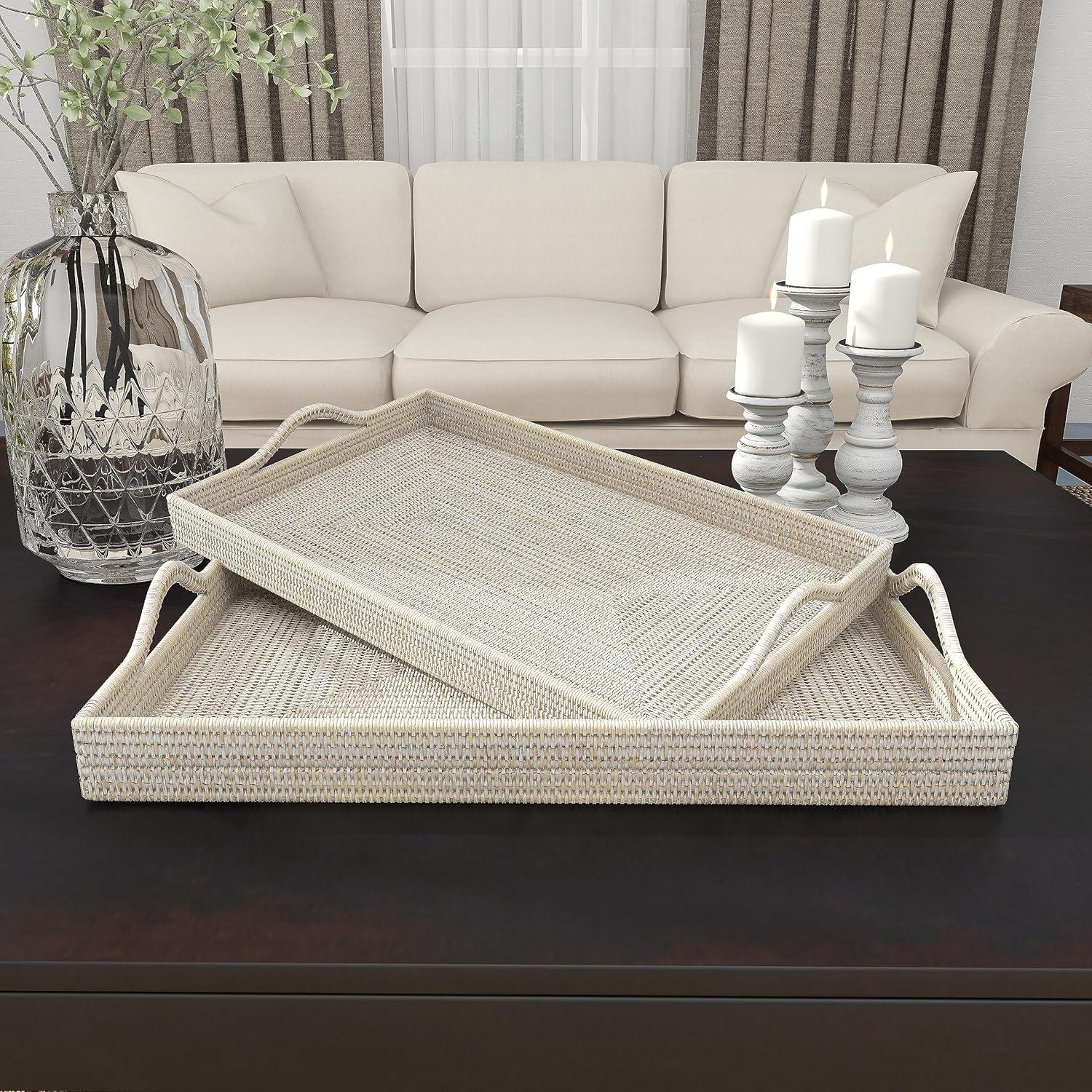 DecMode 26", 23"W Cream Rattan  Tray, 2-Pieces