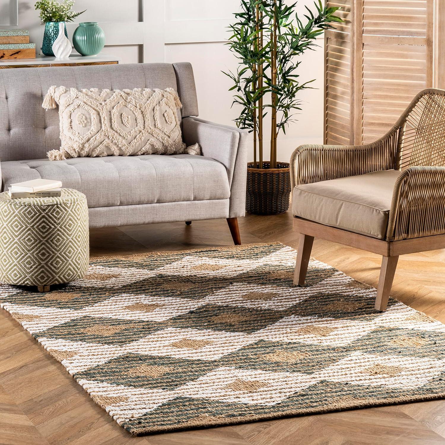 nuLOOM Hand Braided Marla Denim And Jute Diamonds Area Rug, 3' x 5', Olive