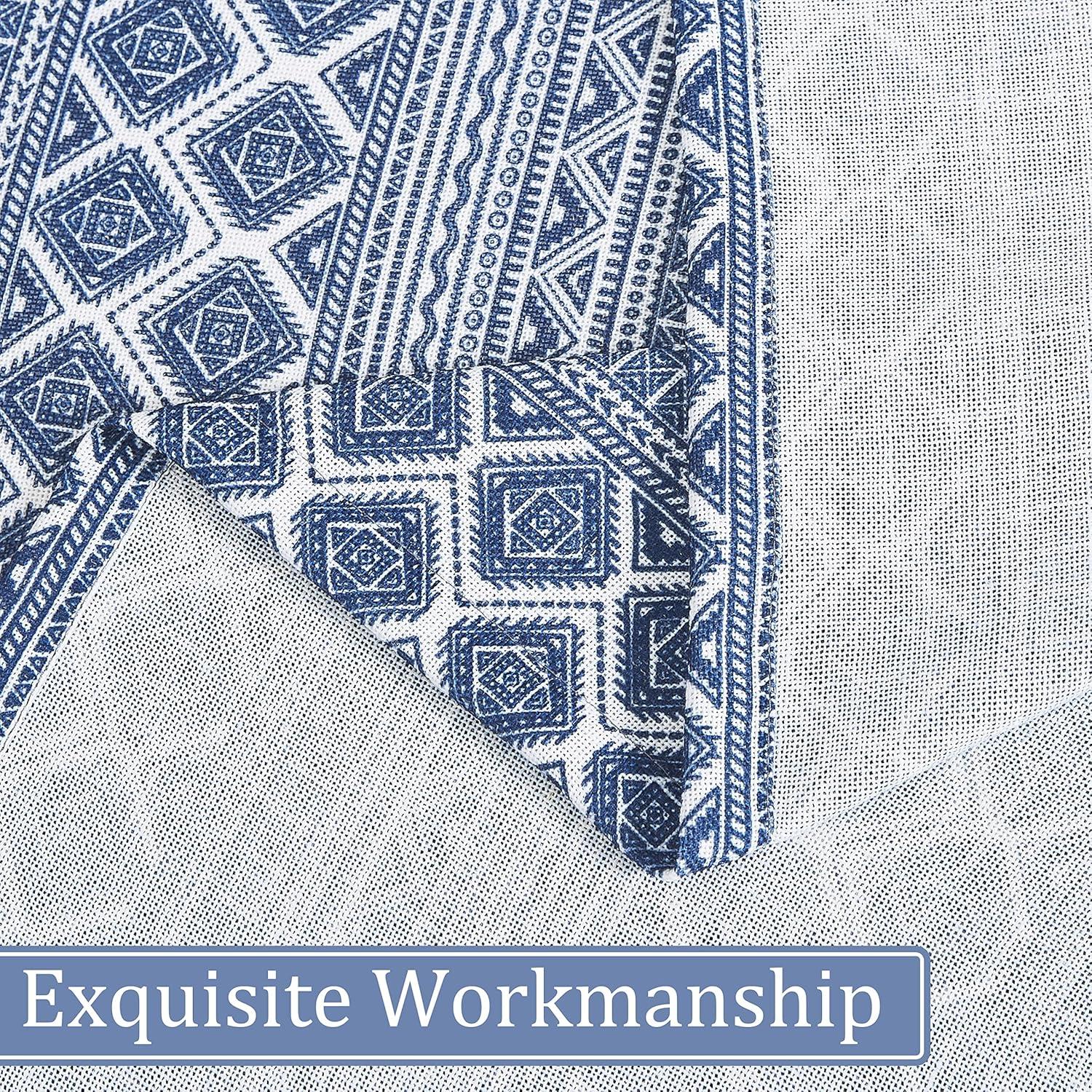 Fragrantex Semi Sheer Curtains 84 Inch Length for Living Room, Blue Geometric Boho Curtains for Bedroom 2 Panels Set Soft Linen Textured Print Curtains Grommet Semi Sheer, 50”W x 84”L x2