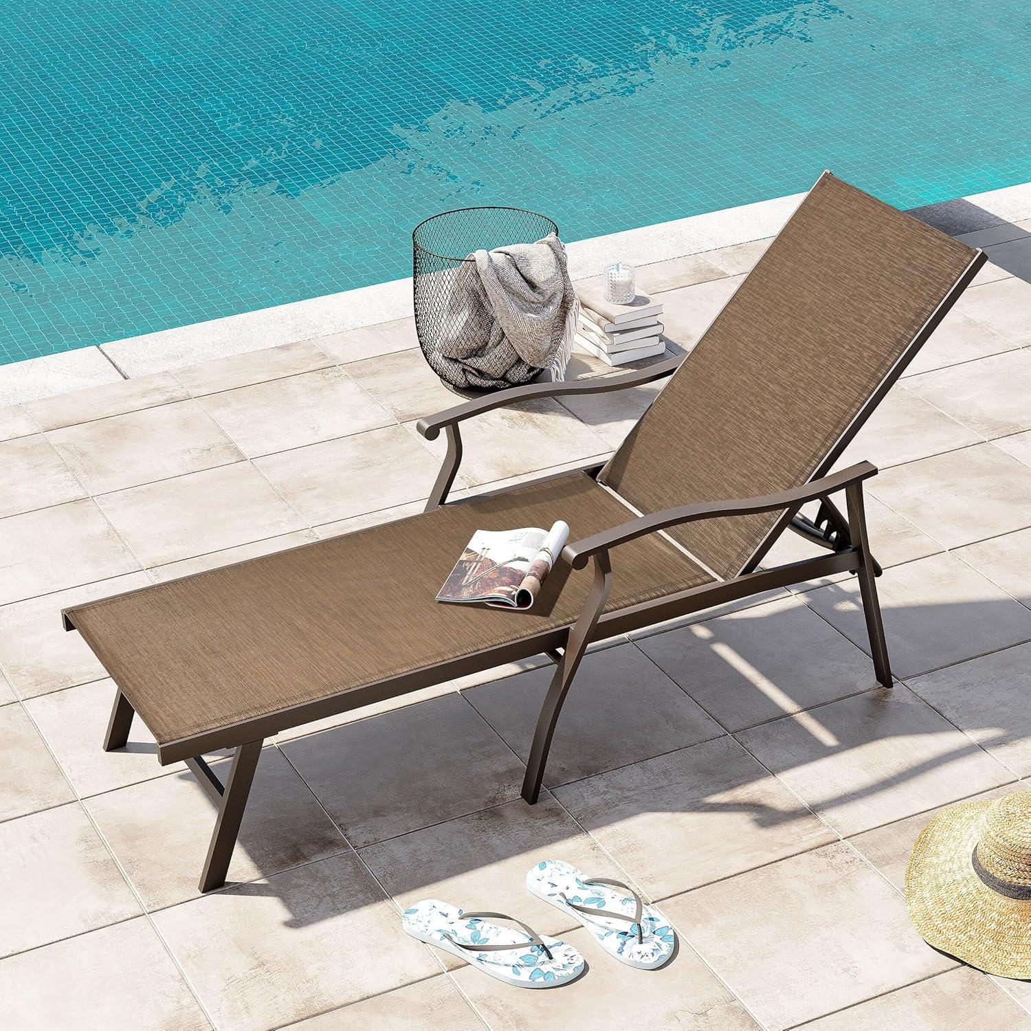 Outdoor Aluminum Adjustable Chaise Lounge Chair with Arms - Brown - Crestlive Products: Patio Furniture, Weather-Resistant