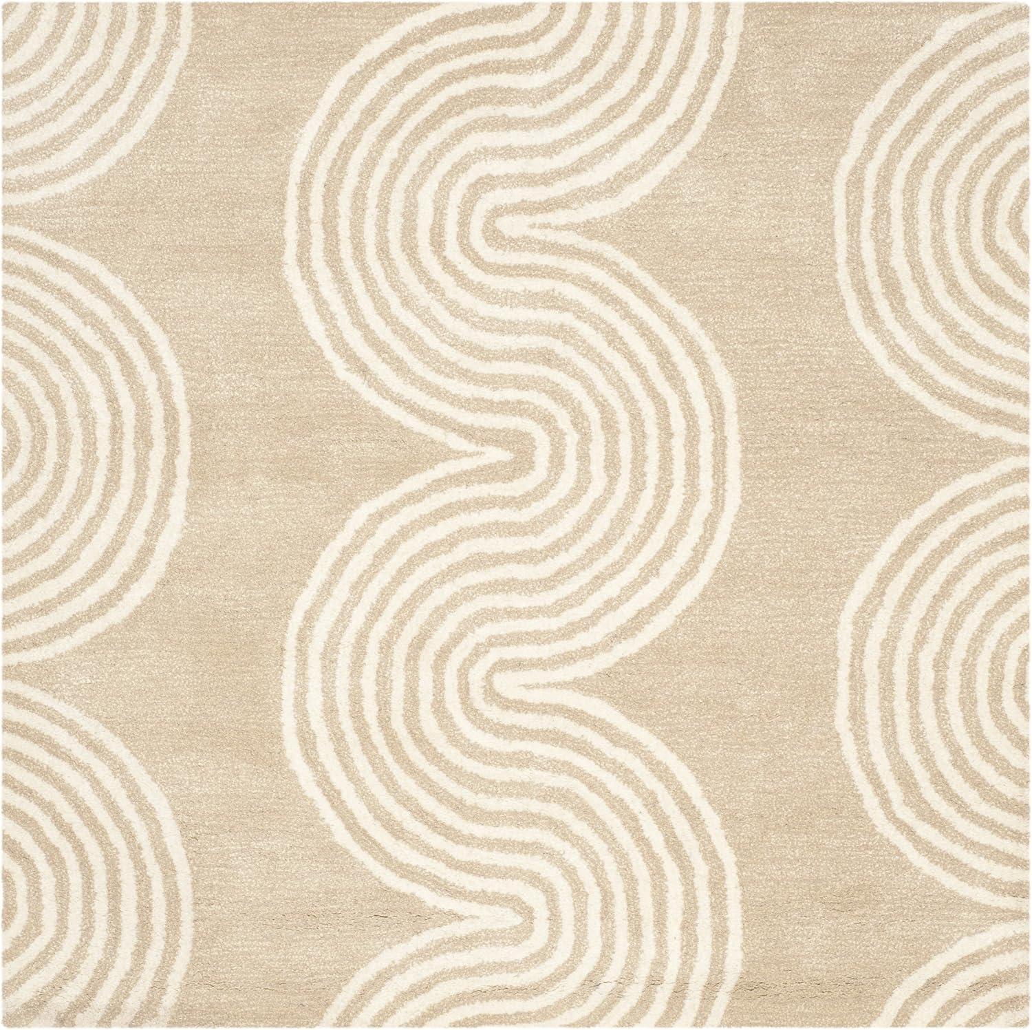 SAFAVIEH Chatham Jasmyn Geometric Waves Wool Area Rug, Beige/Ivory, 5' x 5' Square