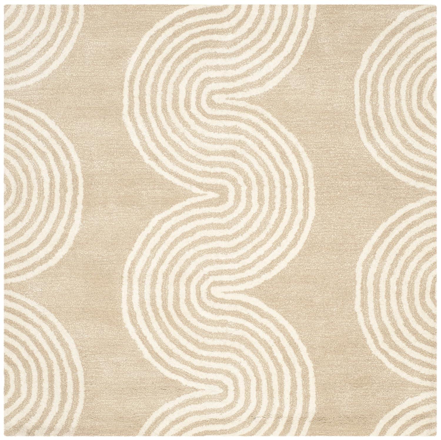 SAFAVIEH Chatham Jasmyn Geometric Waves Wool Area Rug, Beige/Ivory, 5' x 5' Square