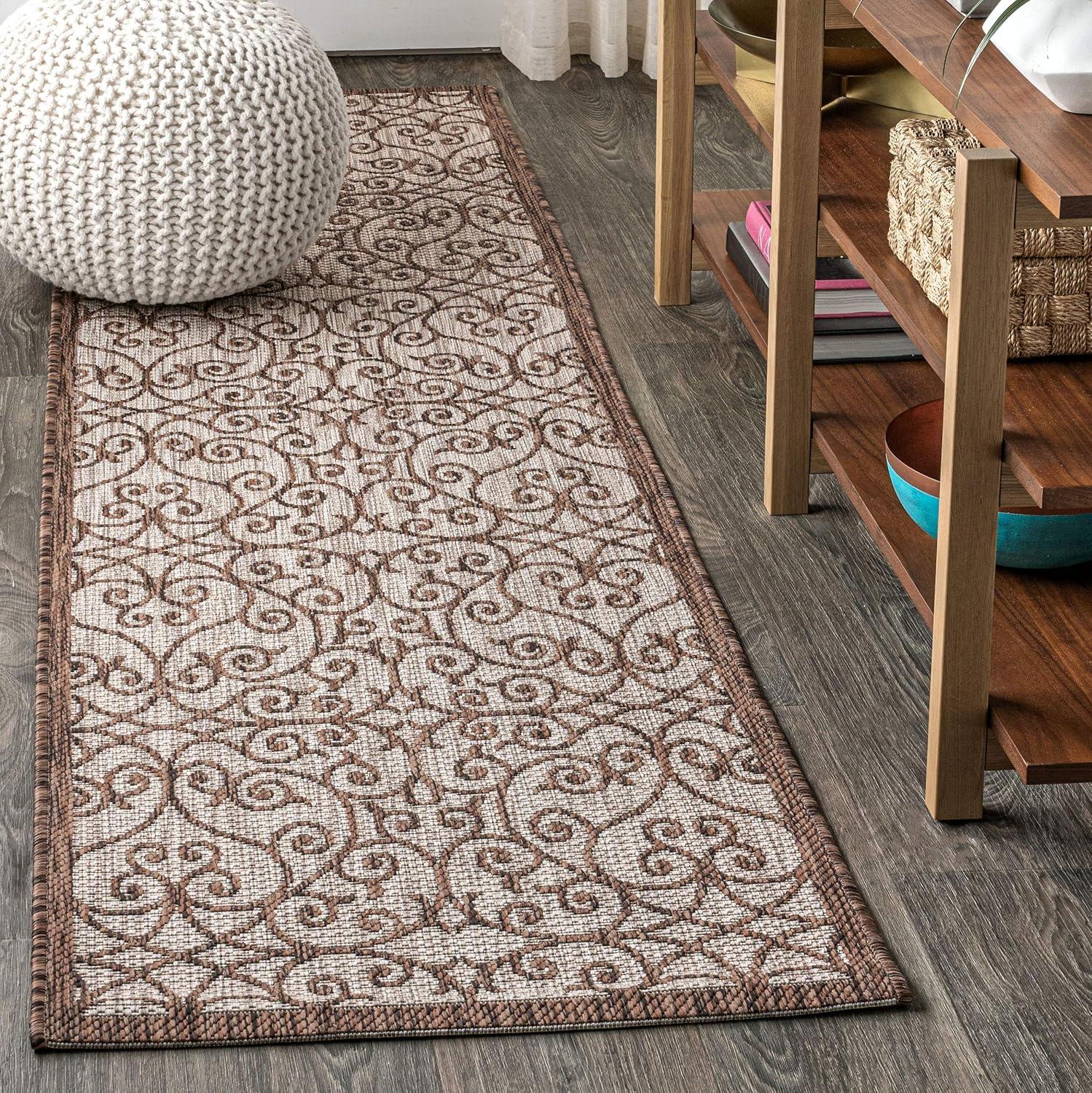 2'x8' Madrid Vintage Filigree Textured Weave Indoor/Outdoor Runner Rug, Taupe/Espresso - JONATHAN Y