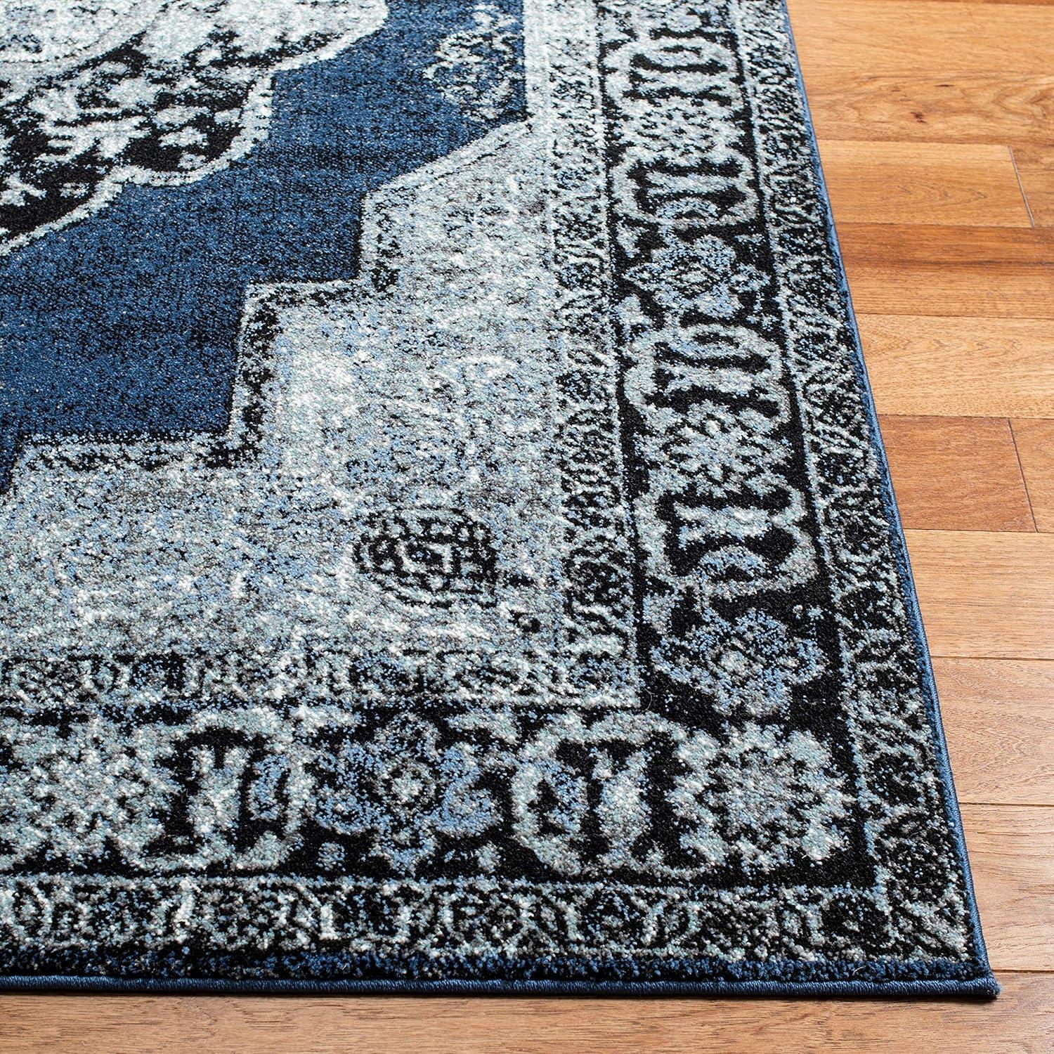 Blue and Grey Rectangular Synthetic Non-slip Area Rug