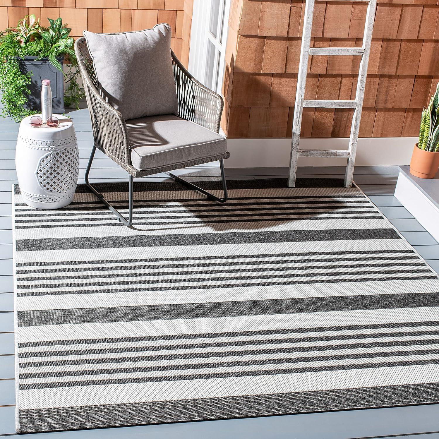 Gray and Charcoal Striped Square Indoor/Outdoor Rug, 6'7"