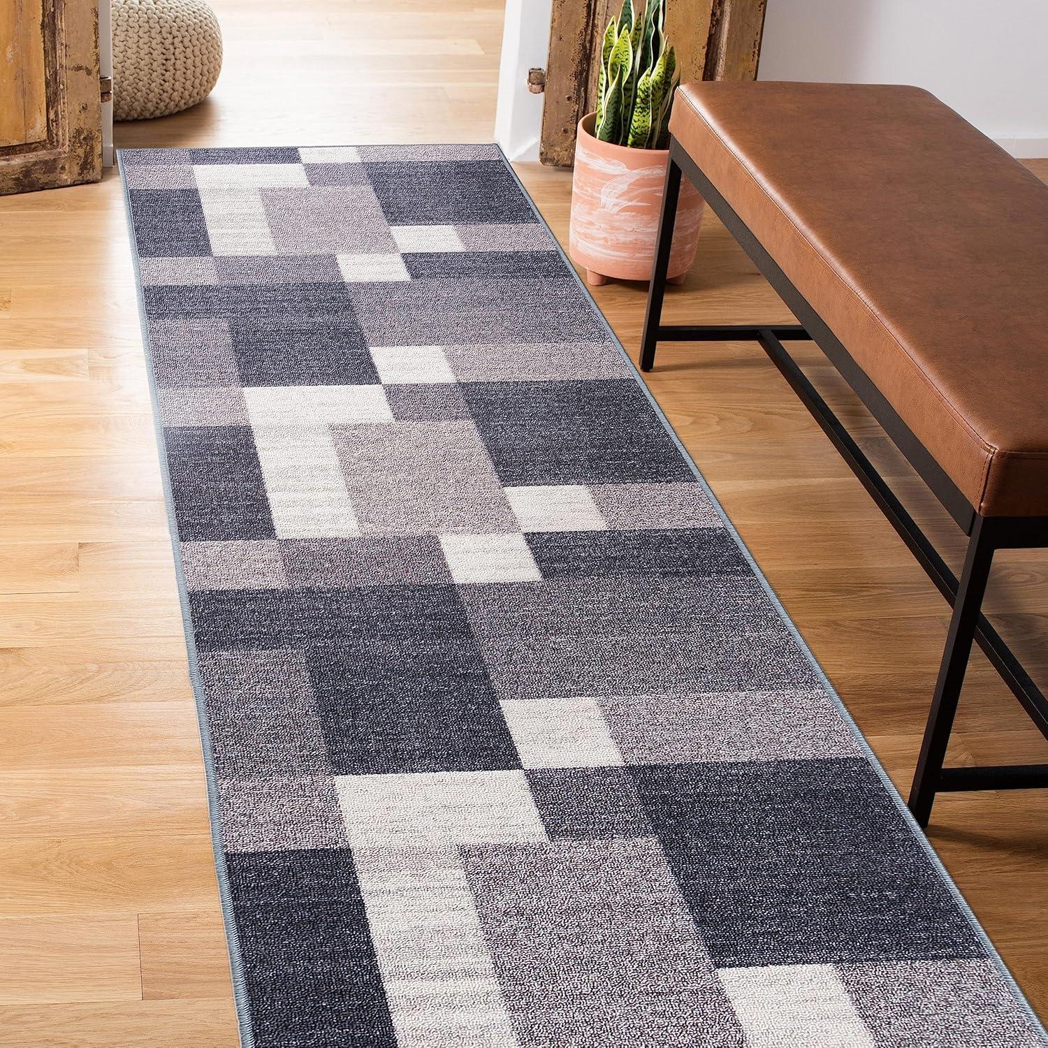 Gray Geometric Non-Slip Washable Runner Rug 2' x 7'