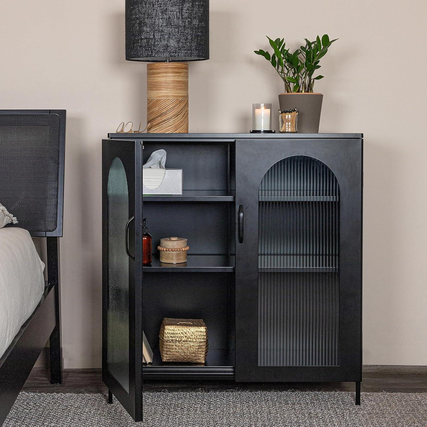 Black Metal Cabinet with Arched Glass Doors and Adjustable Shelves