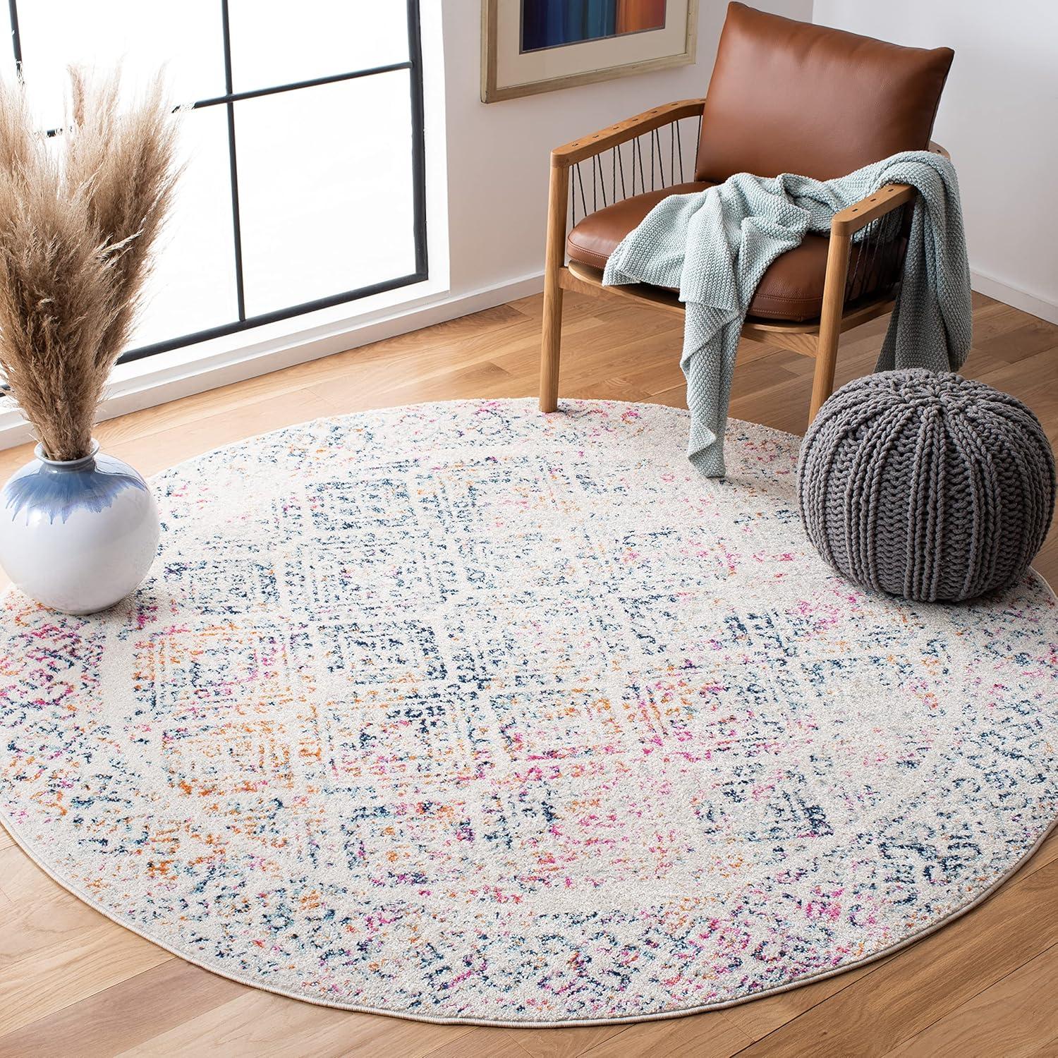 Ivory and Multicolor Round Synthetic Area Rug