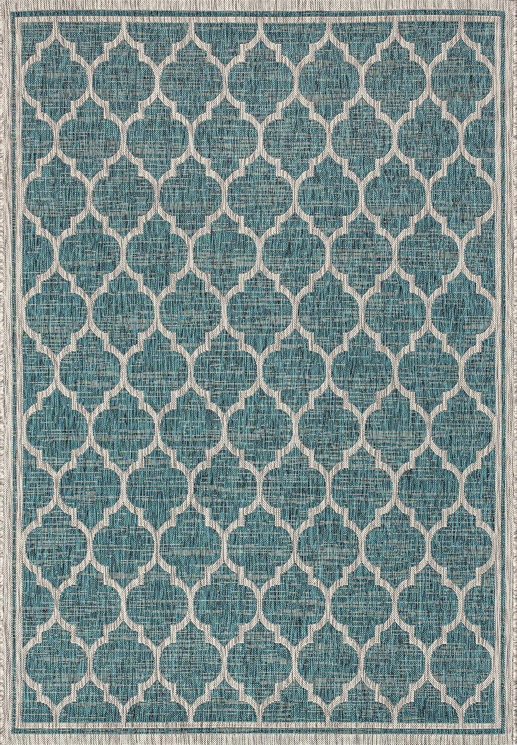 8'x10' Trebol Moroccan Trellis Textured Weave Indoor/Outdoor Area Rug, Teal/Gray - JONATHAN Y