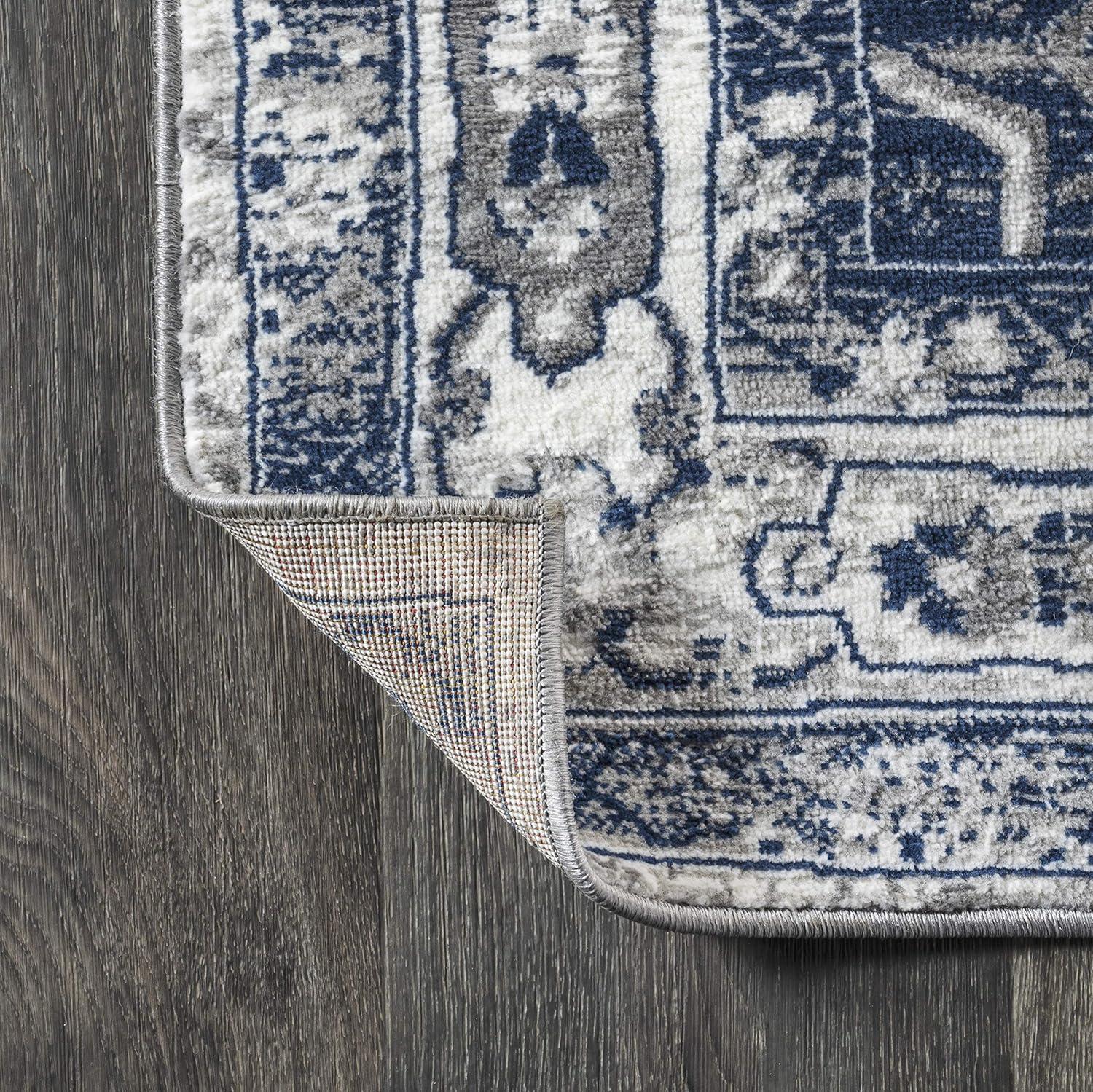 2'x8' Modern Persian Vintage Medallion Runner Rug, Light Grey/Navy - JONATHAN Y
