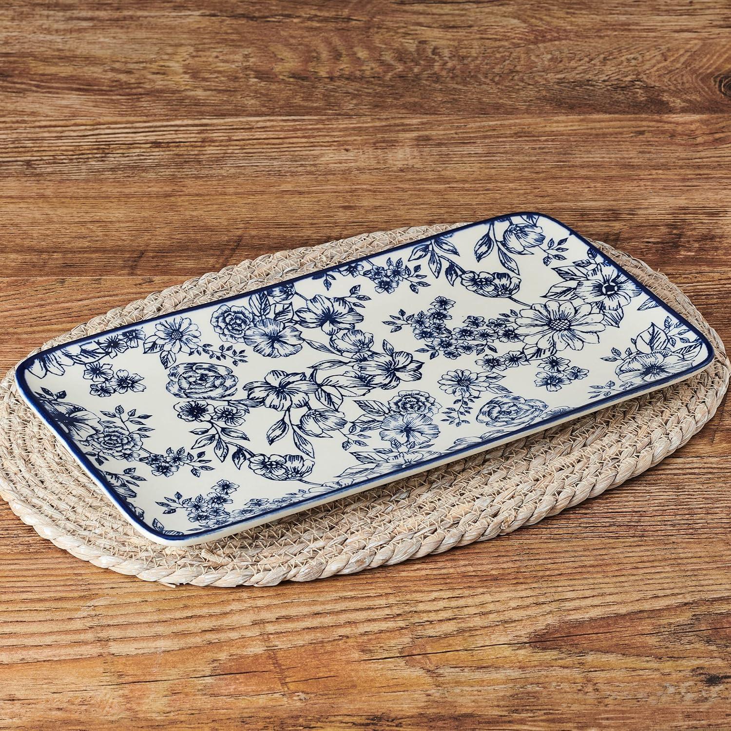 Gabriela Blue and White Floral Ceramic Rectangular Platter