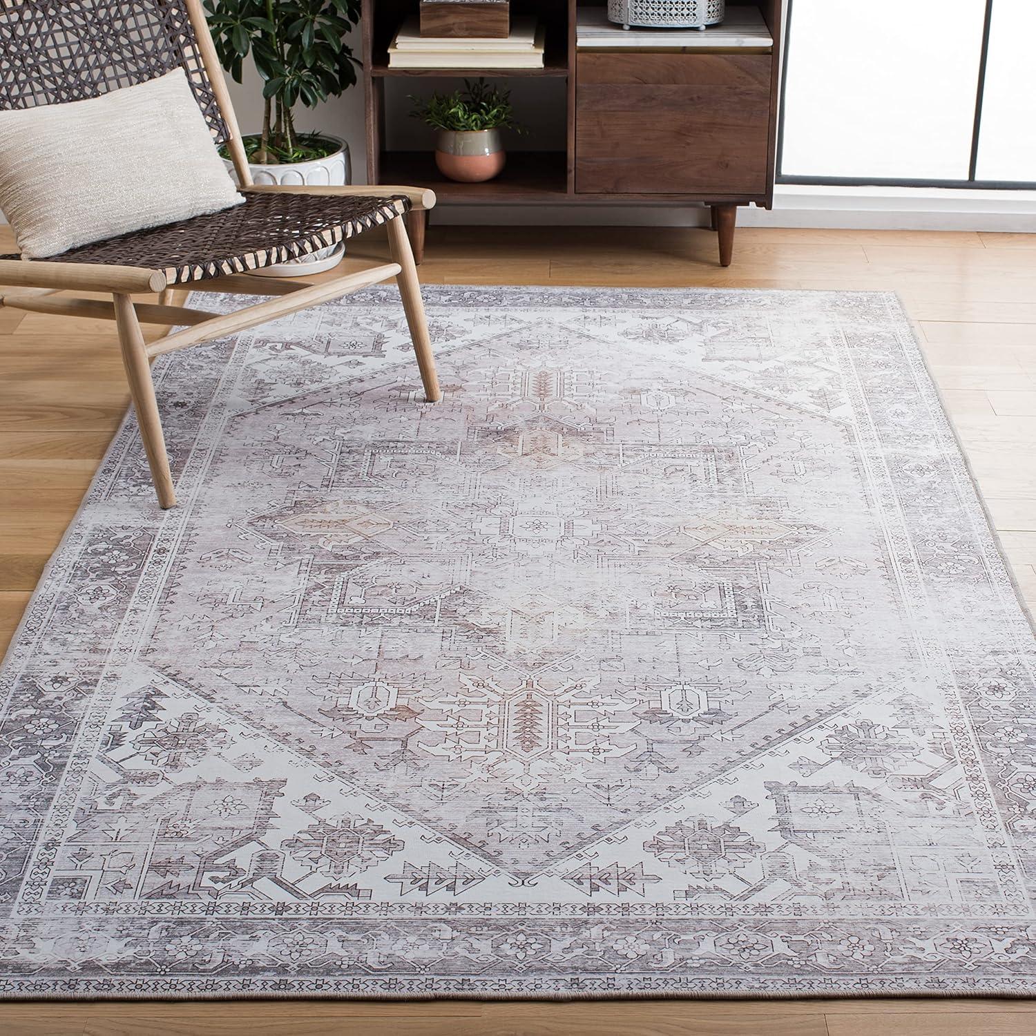 Beige and Grey Rectangular Washable Synthetic Area Rug, 3' x 5'