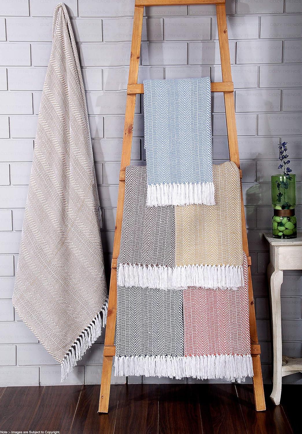 Luxurious Hand Woven Cozy Warm Combed Cotton All Season Indoor Outdoor Light Weight Fade Resistant Couch Chair Bed Throw Blankets Batik 50x60 Inch Set of 7