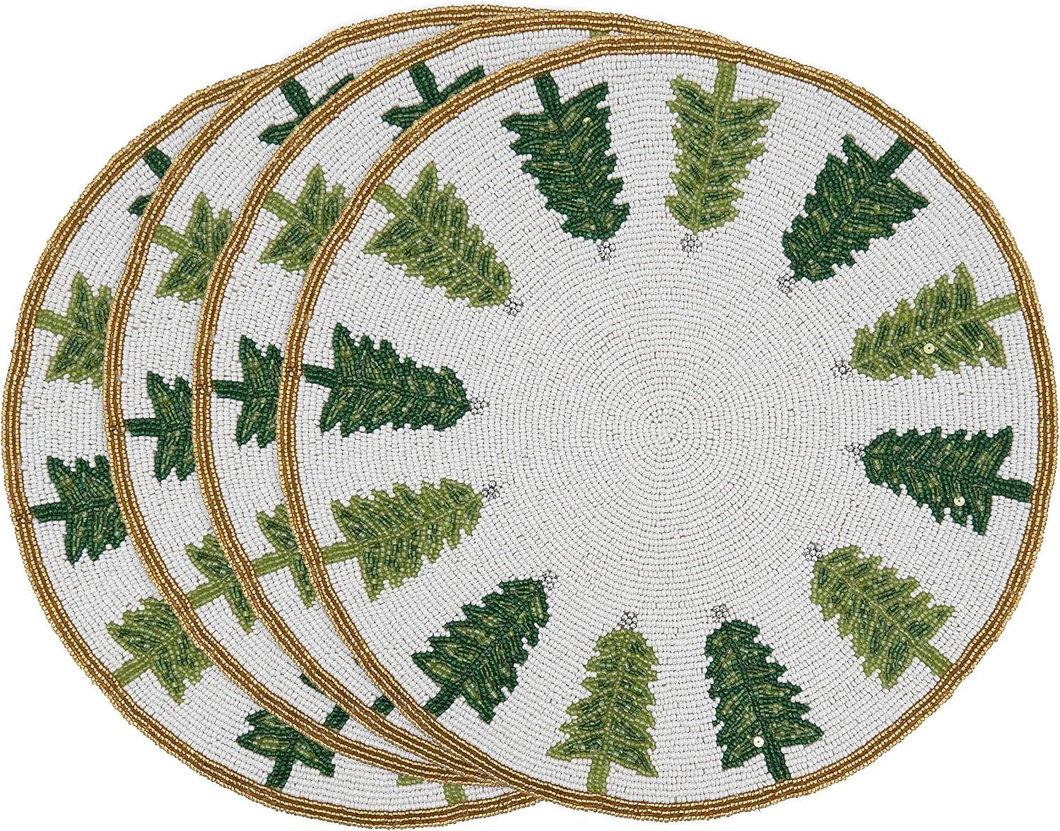 Saro Lifestyle Beaded Christmas Trees Placemat, 15" Round, White/Green (Set of 4)