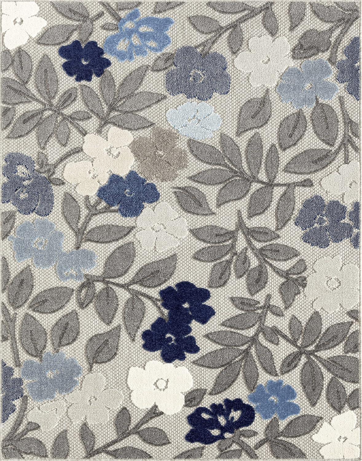 Blue and Gray Floral Synthetic 5' x 7' Reversible Rug