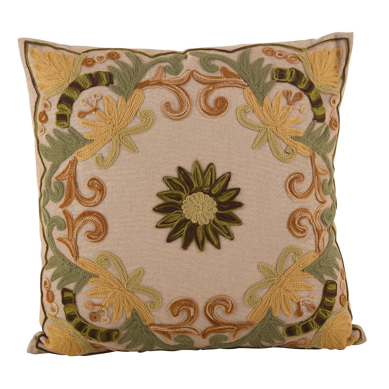 SARO LIFESTYLE Embroidered Floral Design Cotton Poly Filled Throw Pillow, 18", Green