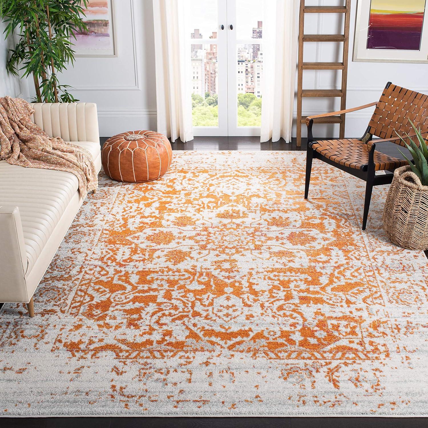 Ivory and Orange Rectangular Synthetic Area Rug