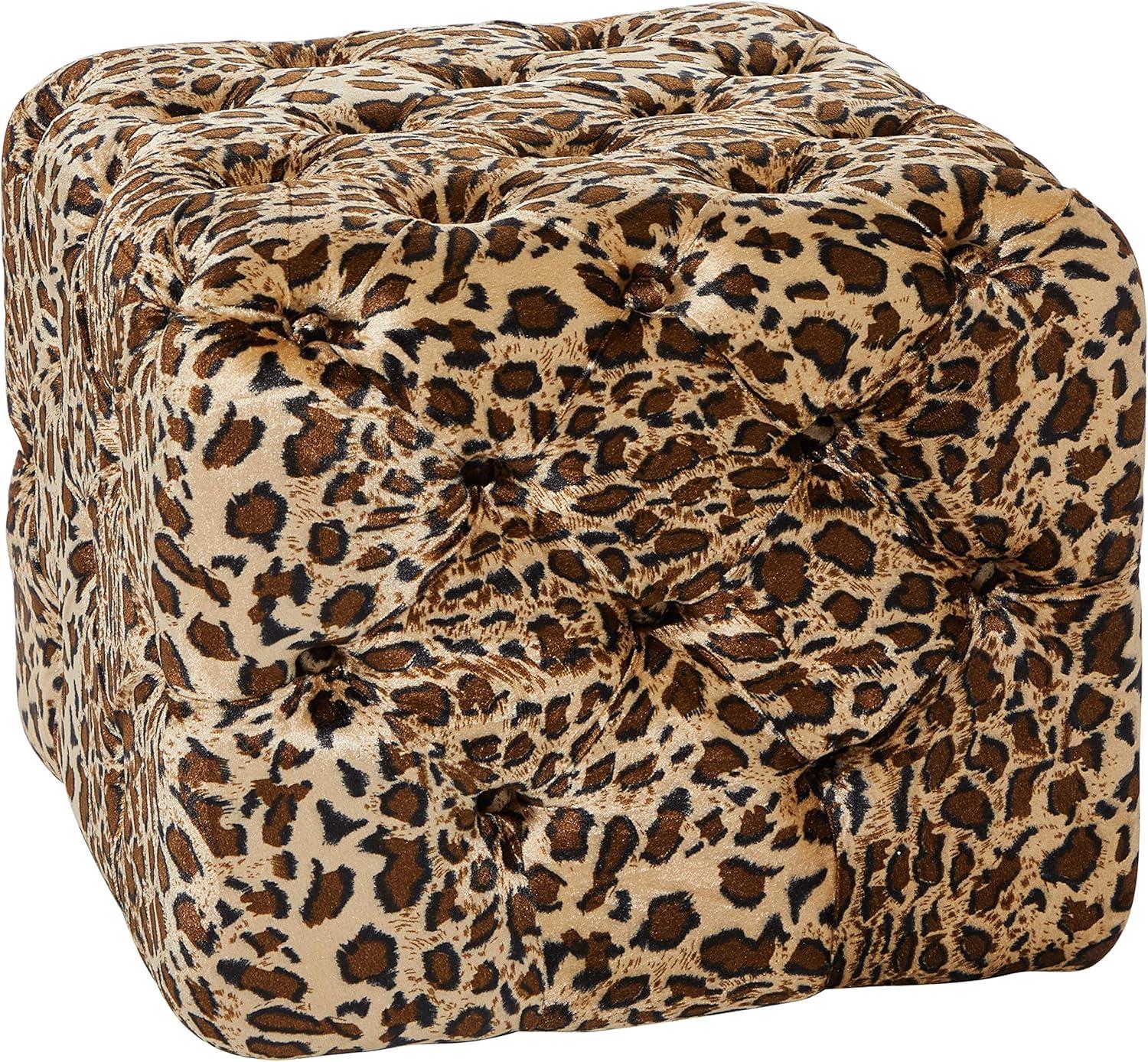 Chic Leopard Print Tufted Footstool in Brown Cotton 18"x19"