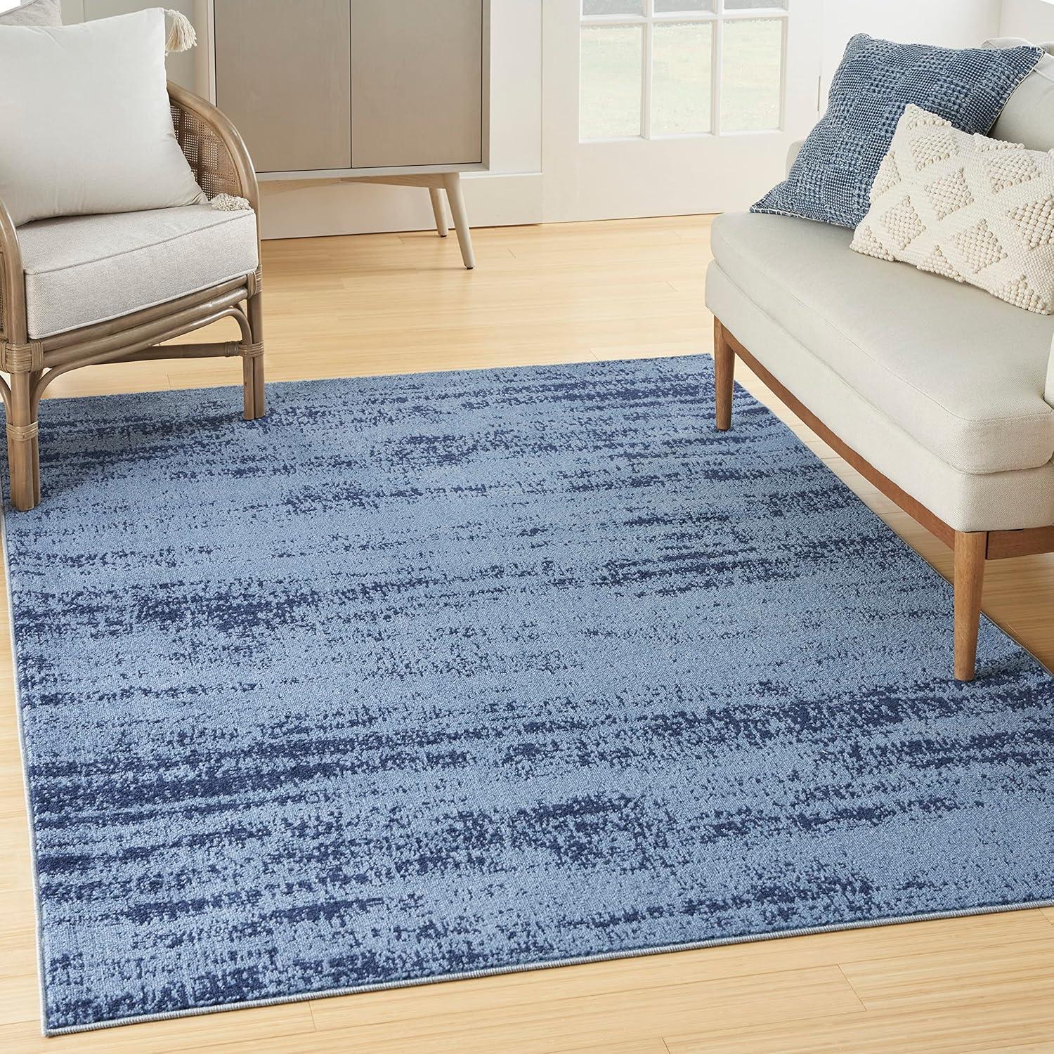 Denim Blue Abstract 5' x 7' Easy-Care Synthetic Outdoor Rug