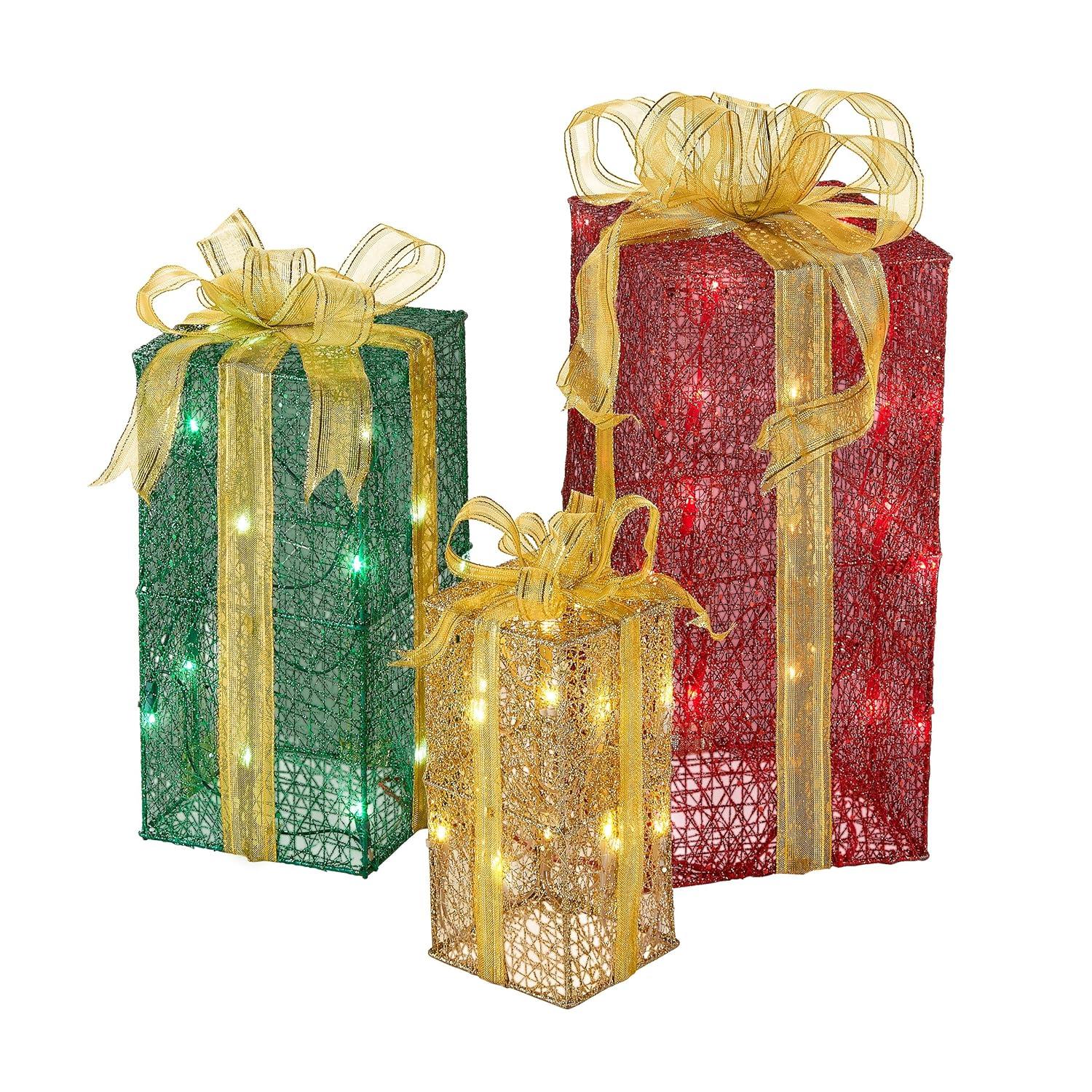 Festive Sisal Gift Boxes with Gold Lace and Lights, Set of 3