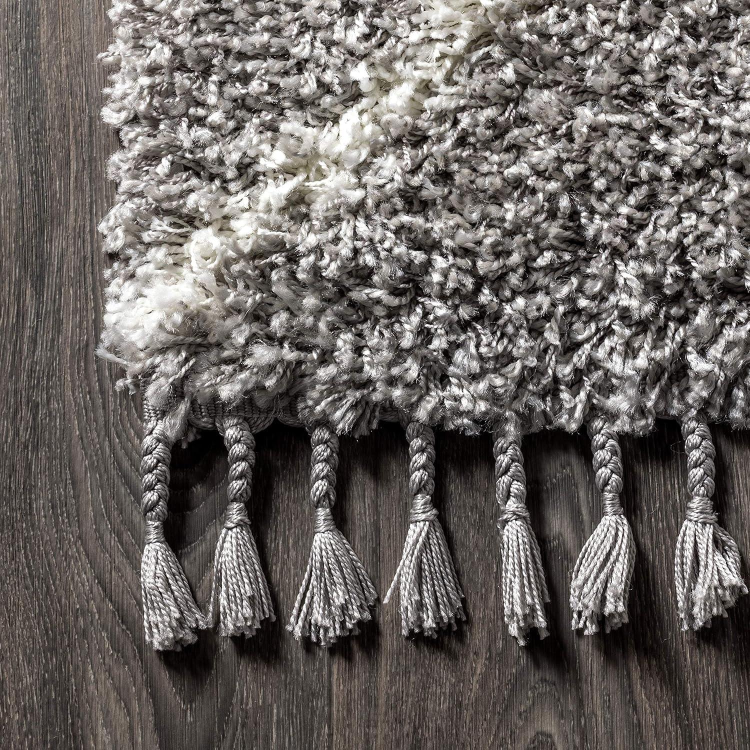 5'x8' Mercer Shag Plush Tassel Moroccan Diamond Area Rug, Grey/Cream - JONATHAN Y