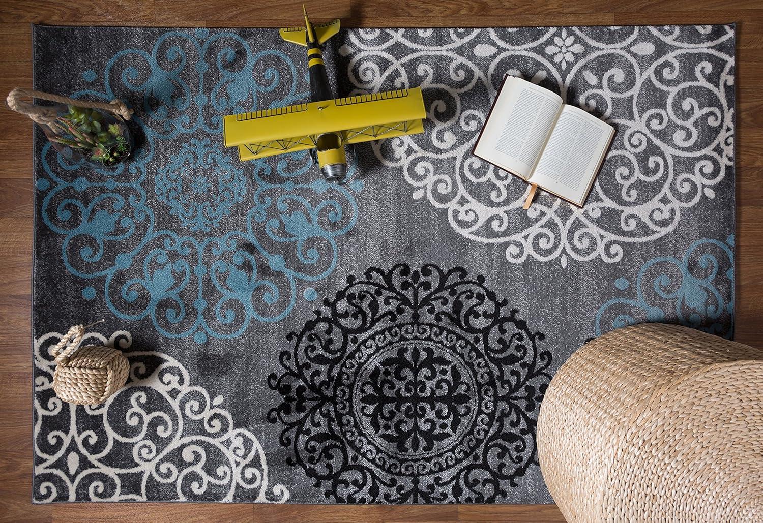 Gray and Blue Floral Synthetic Low Pile Area Rug