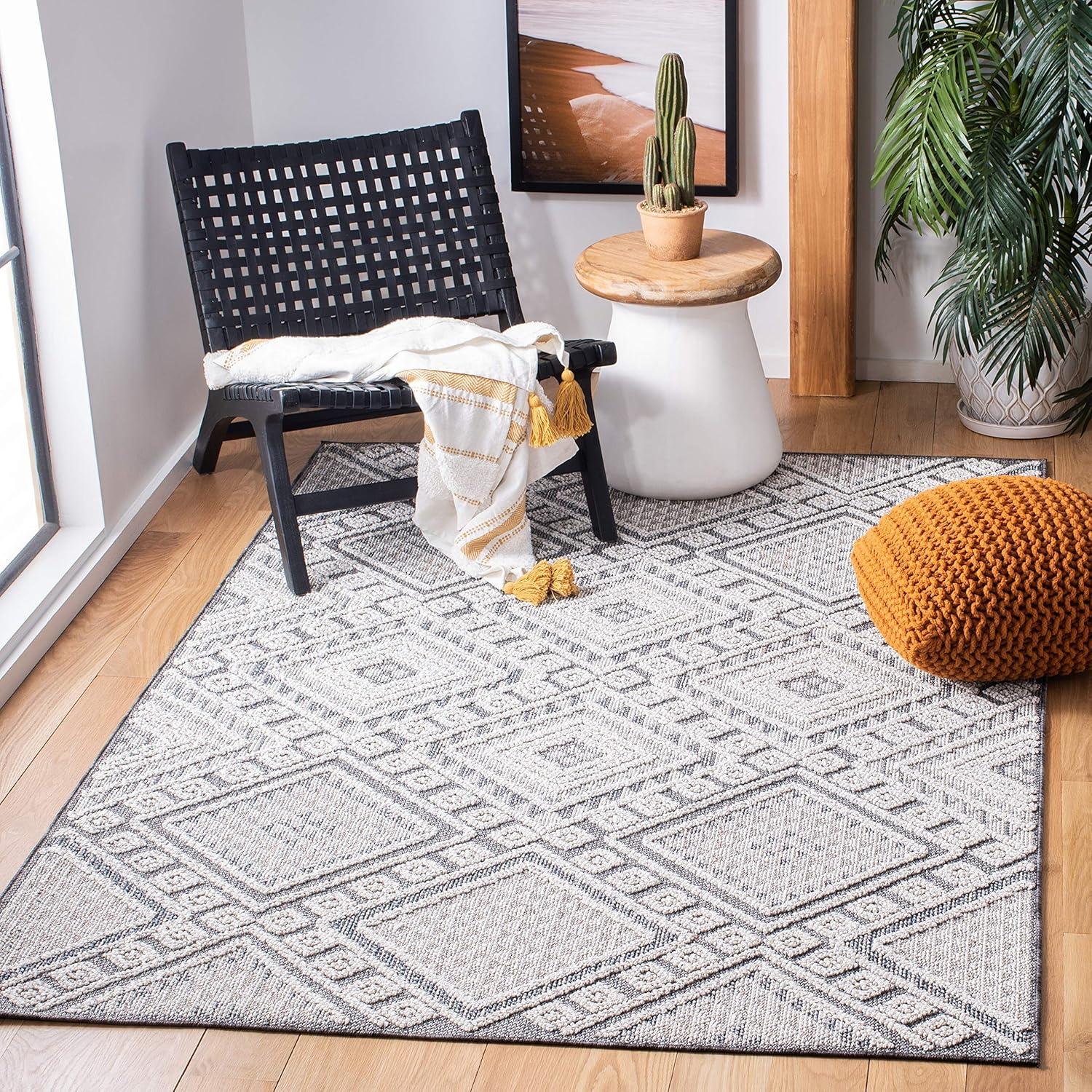 Geometric Gray Synthetic 9' x 12' Easy-Care Area Rug