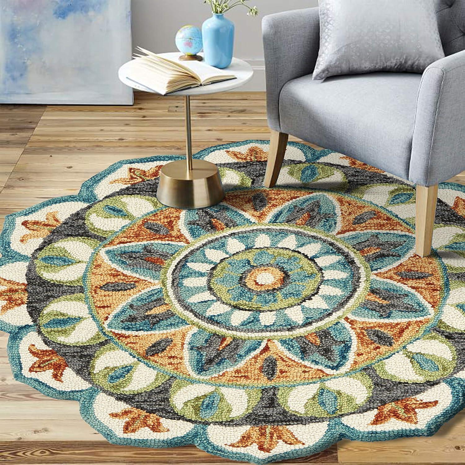 Handmade Floral Medallion Teal & Cream Wool Round Rug, 6' Diameter