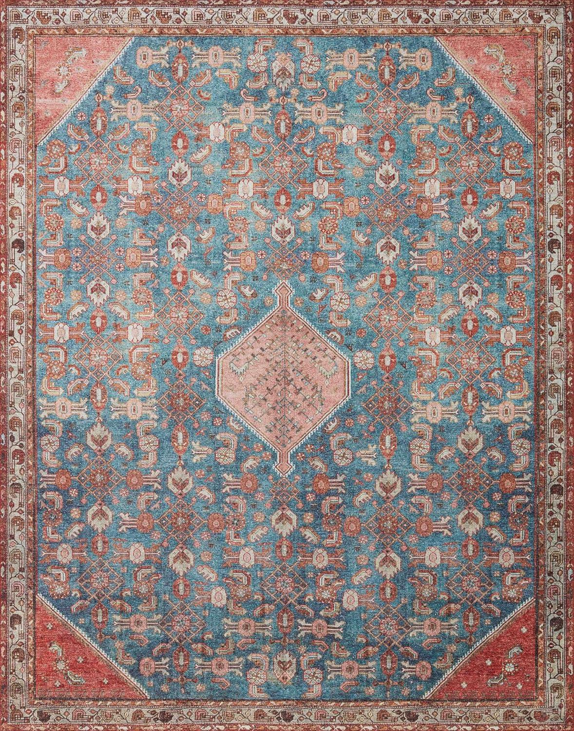 Blue and Clay Vintage Distressed Polyester Accent Rug