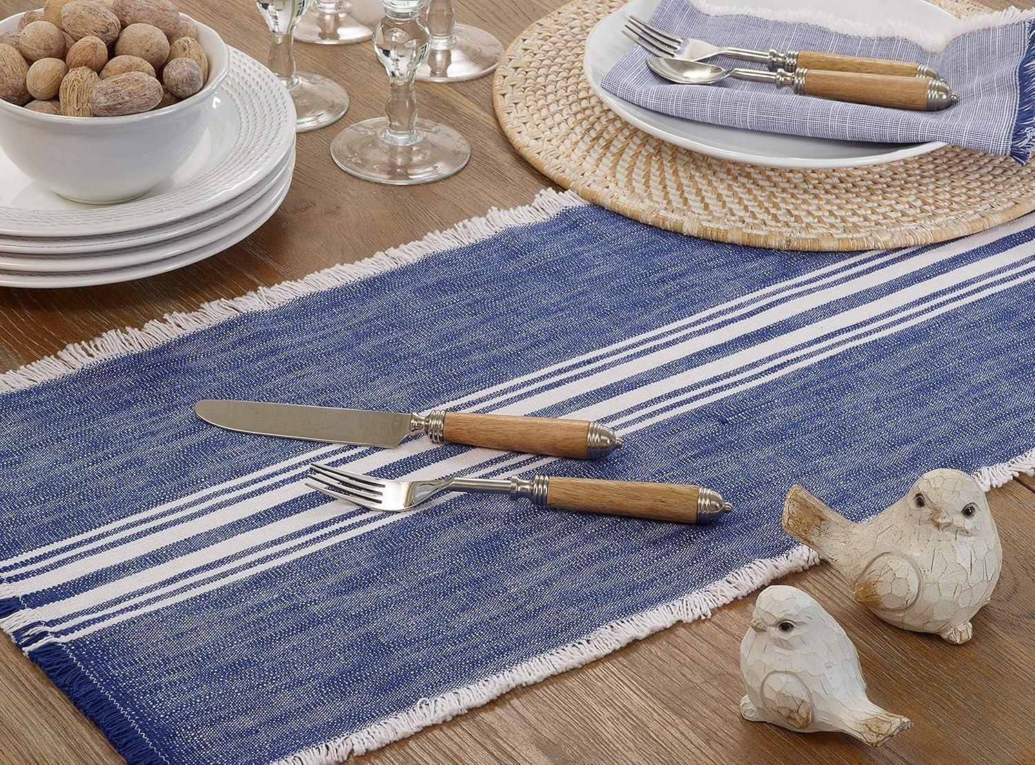 Blue and White Cotton Striped Fringe Table Runner