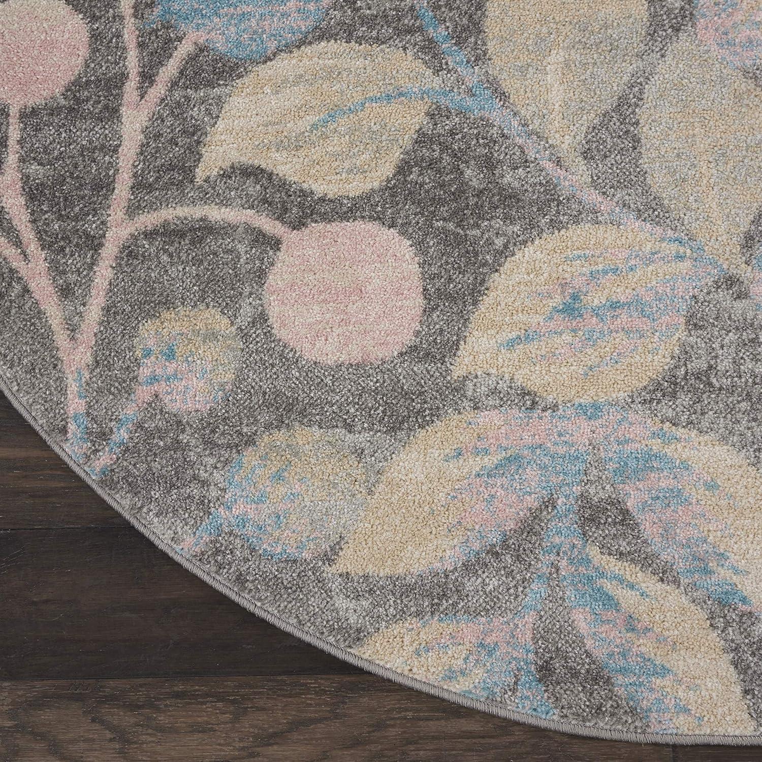 Nourison Tranquil 5'3" X ROUND (5' Round) Grey/Beige Area Rug Contemporary Botanical Vine and Bloom by Nourison