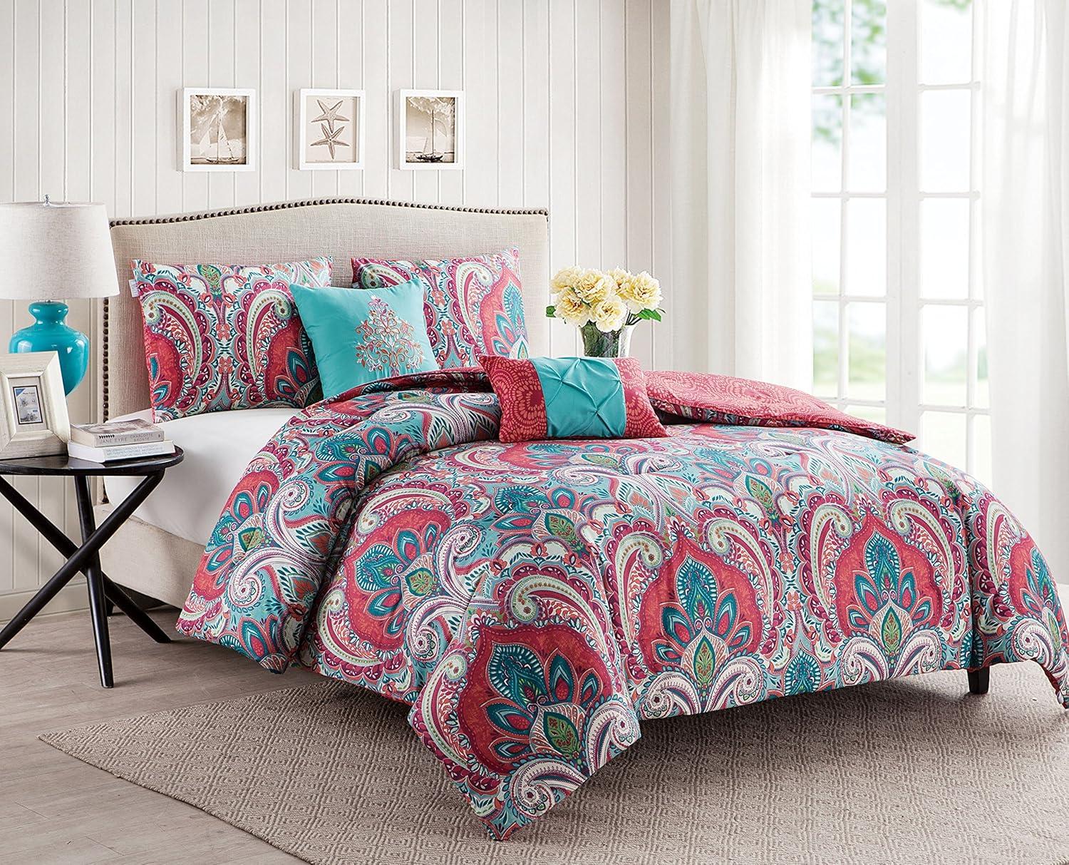 Multicolor Paisley and Damask Reversible Full Microfiber Quilt Set