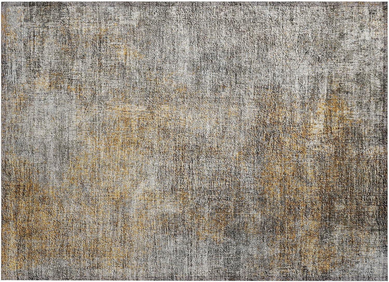 Gray and Gold Rectangular Machine Washable Area Rug