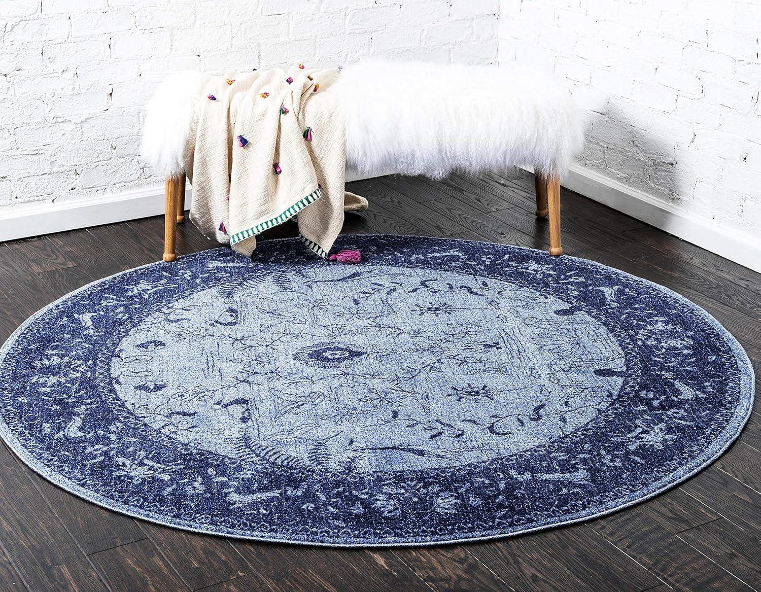 Round Blue Floral Synthetic Easy Care Area Rug