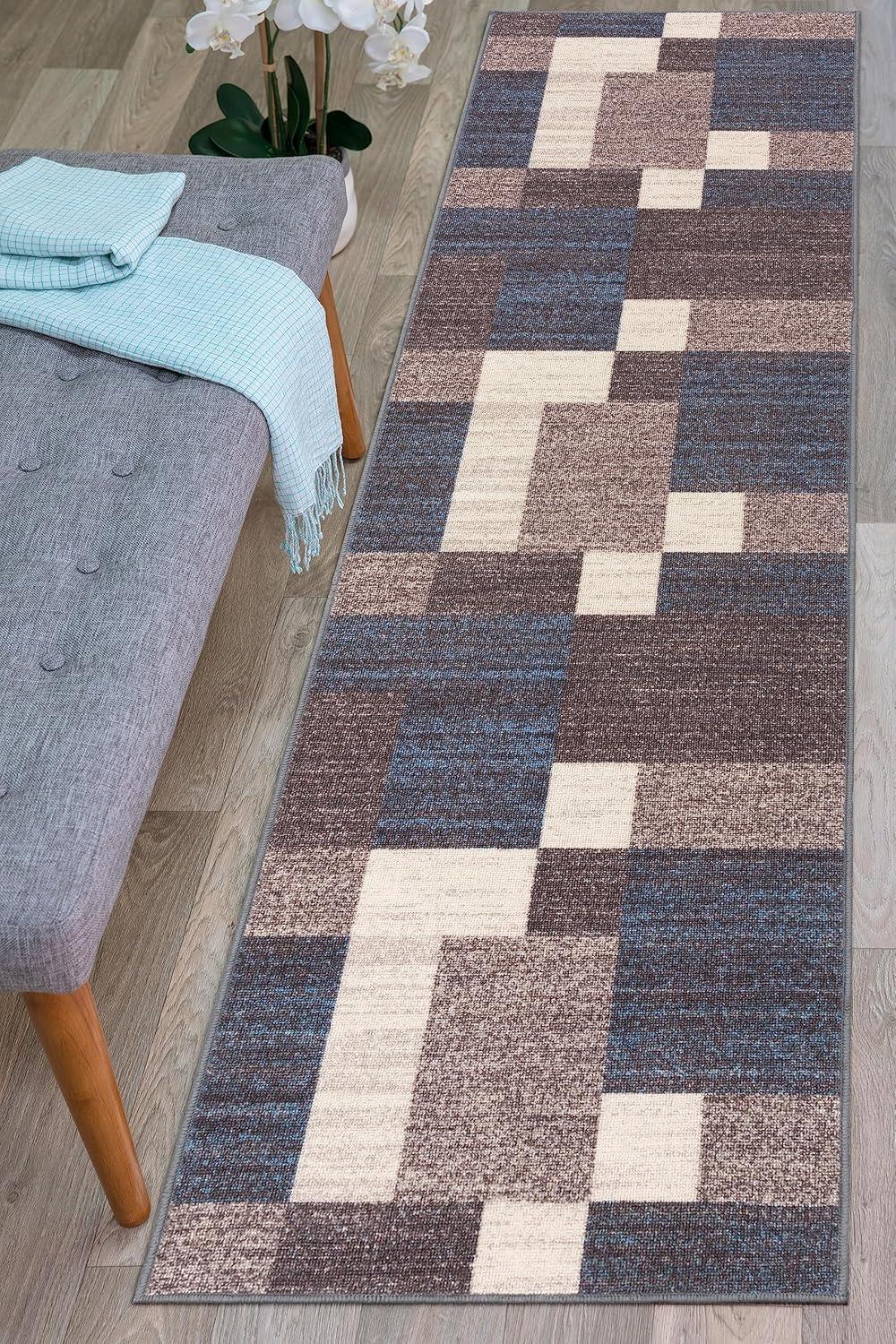 World Rug Gallery Modern Boxes Design Non-slip (Non-skid) Blue 22" x 84" Indoor Runner Rug:  Low Pile Area Rug