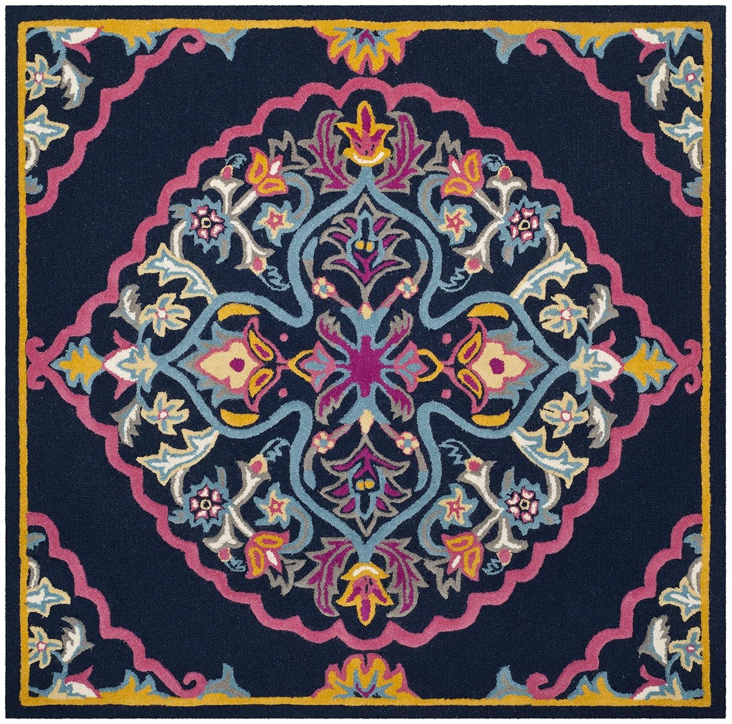 SAFAVIEH Bellagio Rio Floral Wool Area Rug, Navy Blue/Multi, 3' x 3' Square