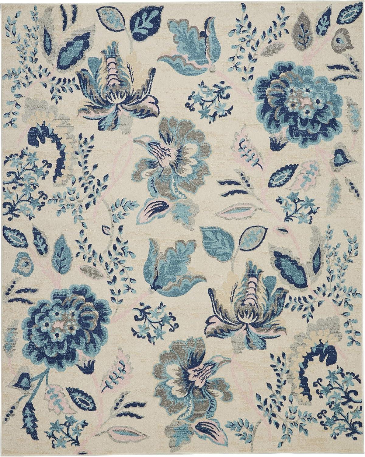 Elegant Ivory and Light Blue Floral 8' x 10' Synthetic Area Rug