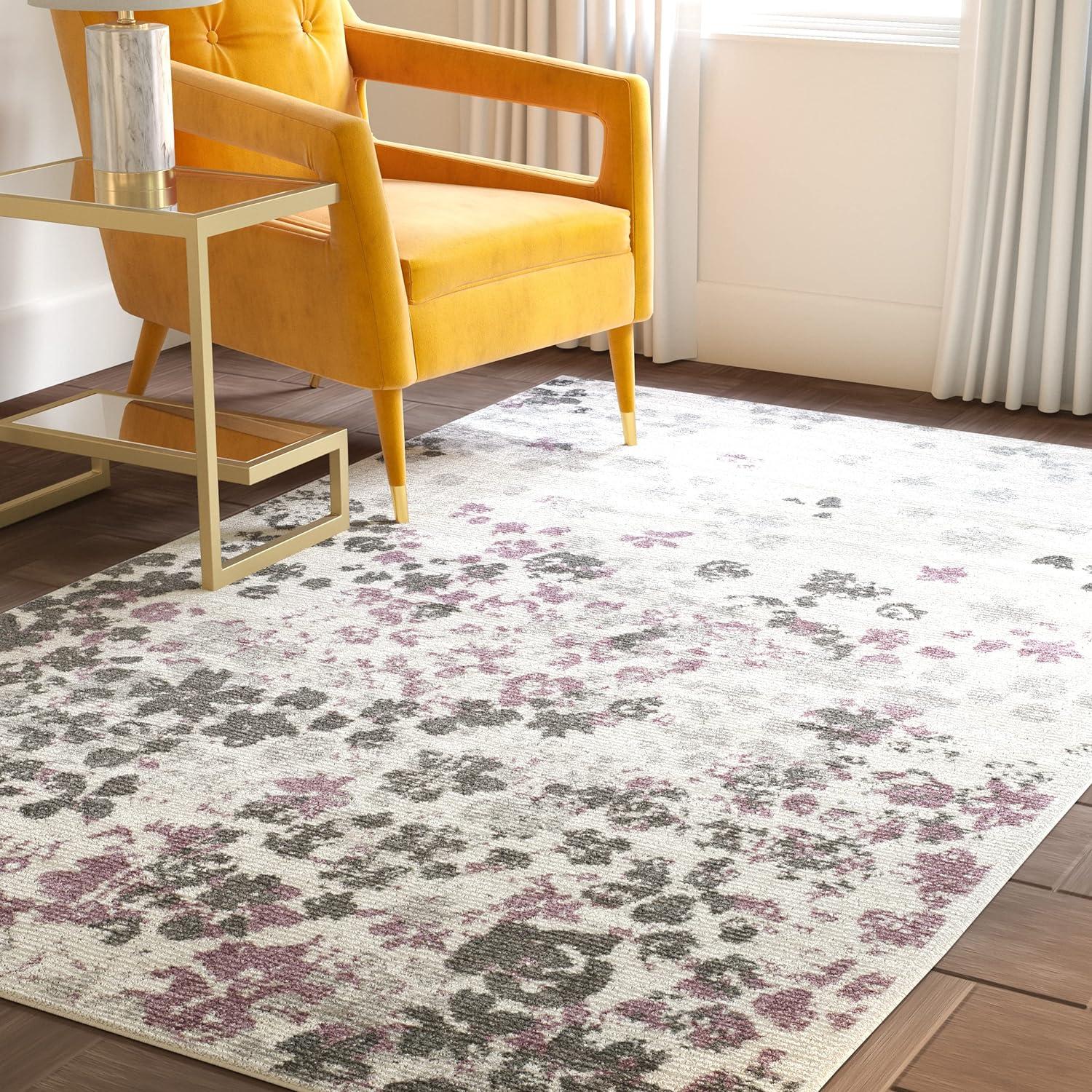 Ivory & Purple Floral Synthetic 5' x 7' Reversible Area Rug