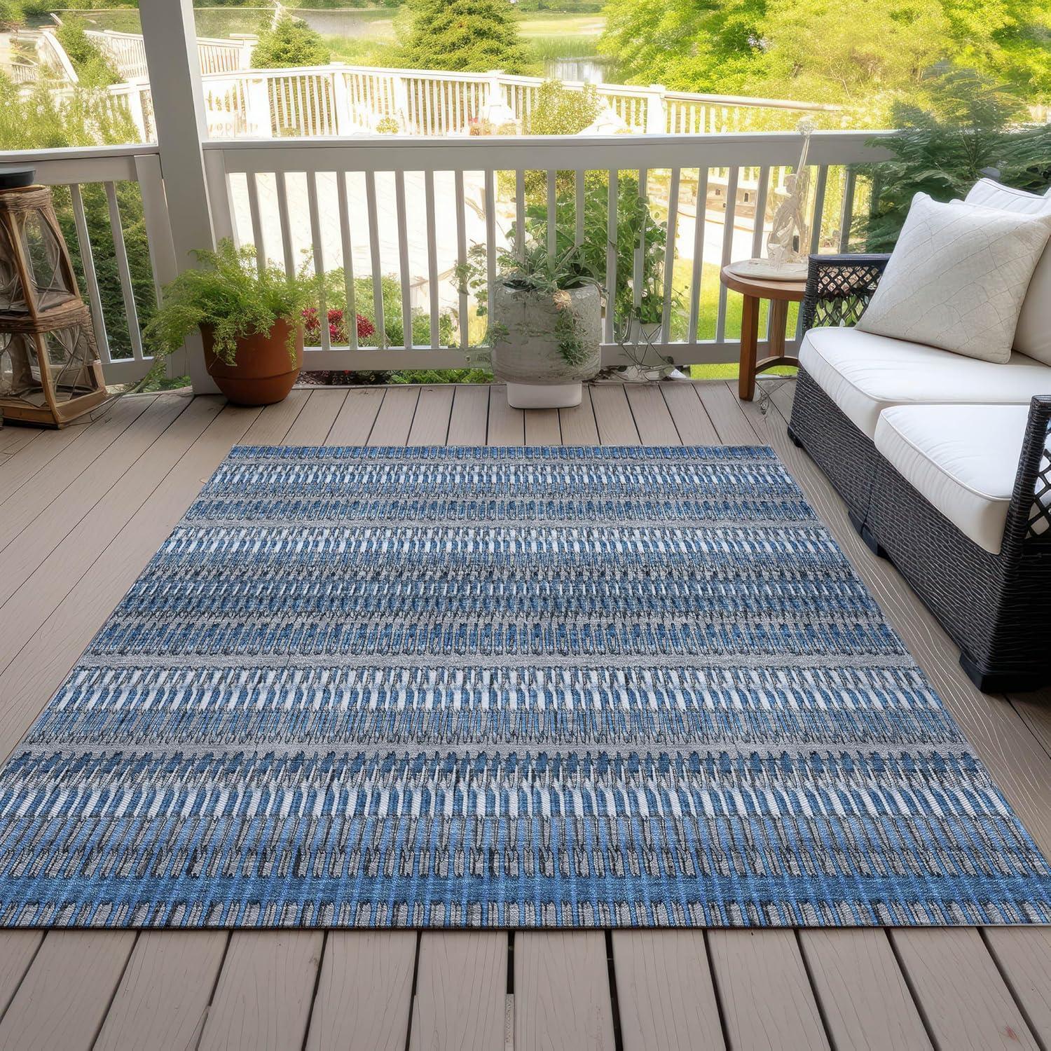 Blue and Gray Synthetic Flat Woven Reversible Rug, 3' x 5'