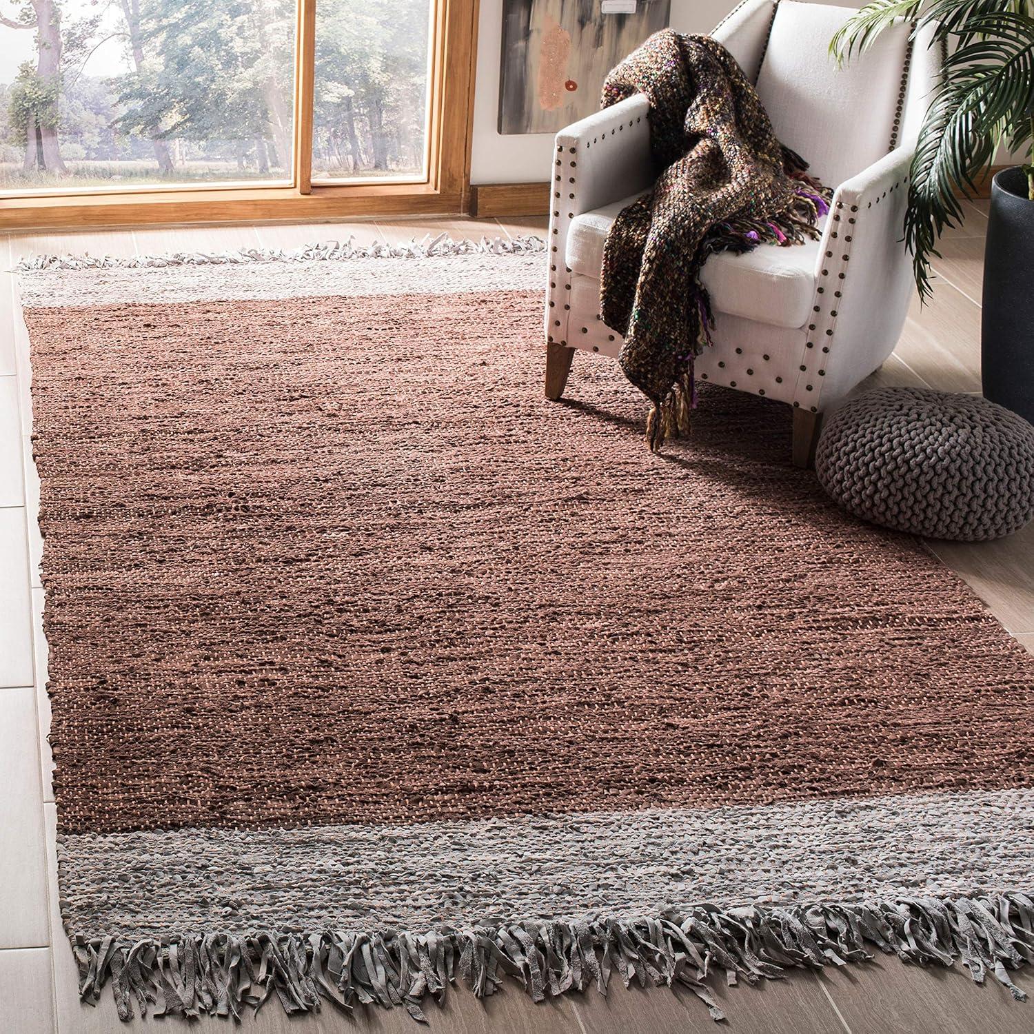 Vintage Leather VTL310 Hand Woven Indoor Area Rug - Light Grey/Dark Brown - 4'x6' - Safavieh