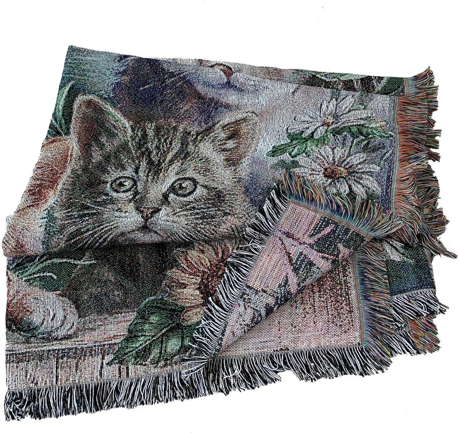 EZ.enjoy Garden Cat Flower Woven Tapestry Throw Blanket Wall Hanging Art Handicrafts Jacquard Multipurpose Soft Travel Mat Outdoor with Fringe Tassels 50 X 60 Inches