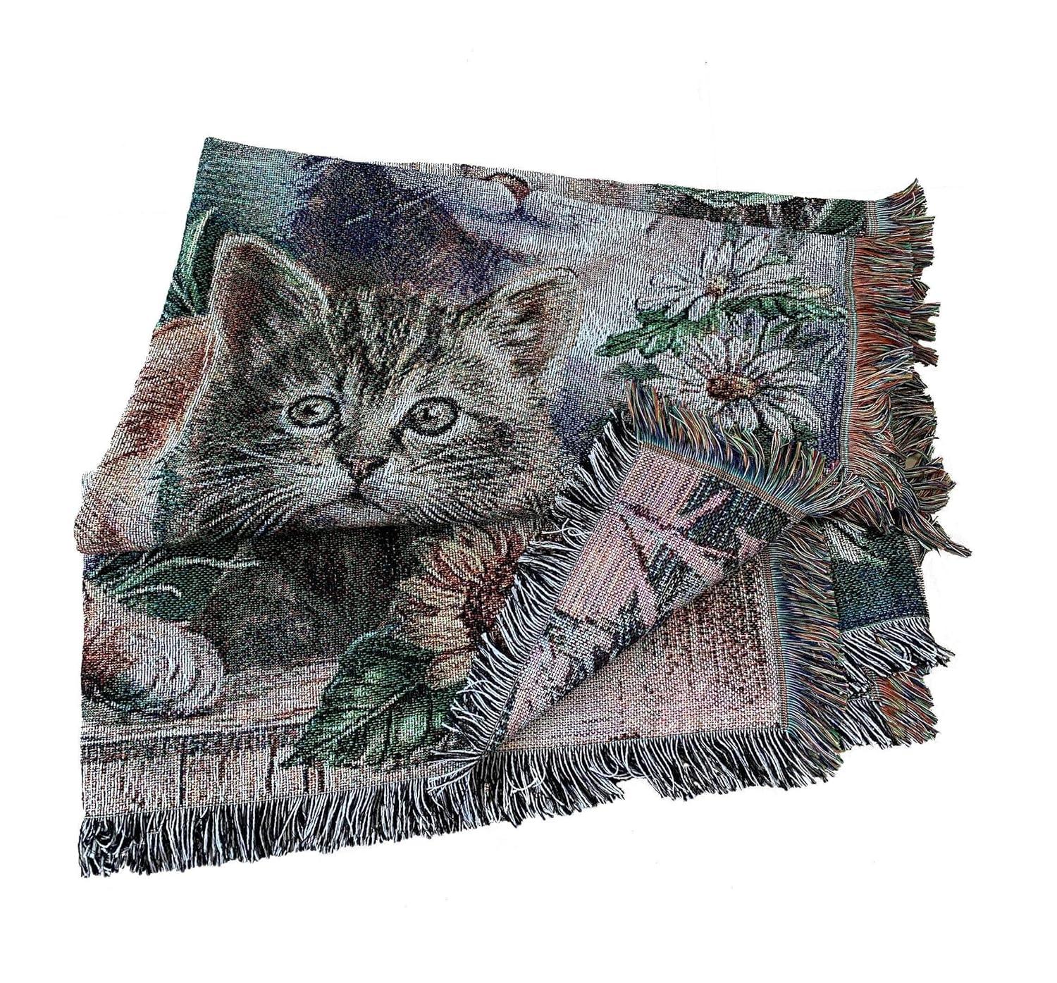 EZ.enjoy Garden Cat Flower Woven Tapestry Throw Blanket Wall Hanging Art Handicrafts Jacquard Multipurpose Soft Travel Mat Outdoor with Fringe Tassels 50 X 60 Inches