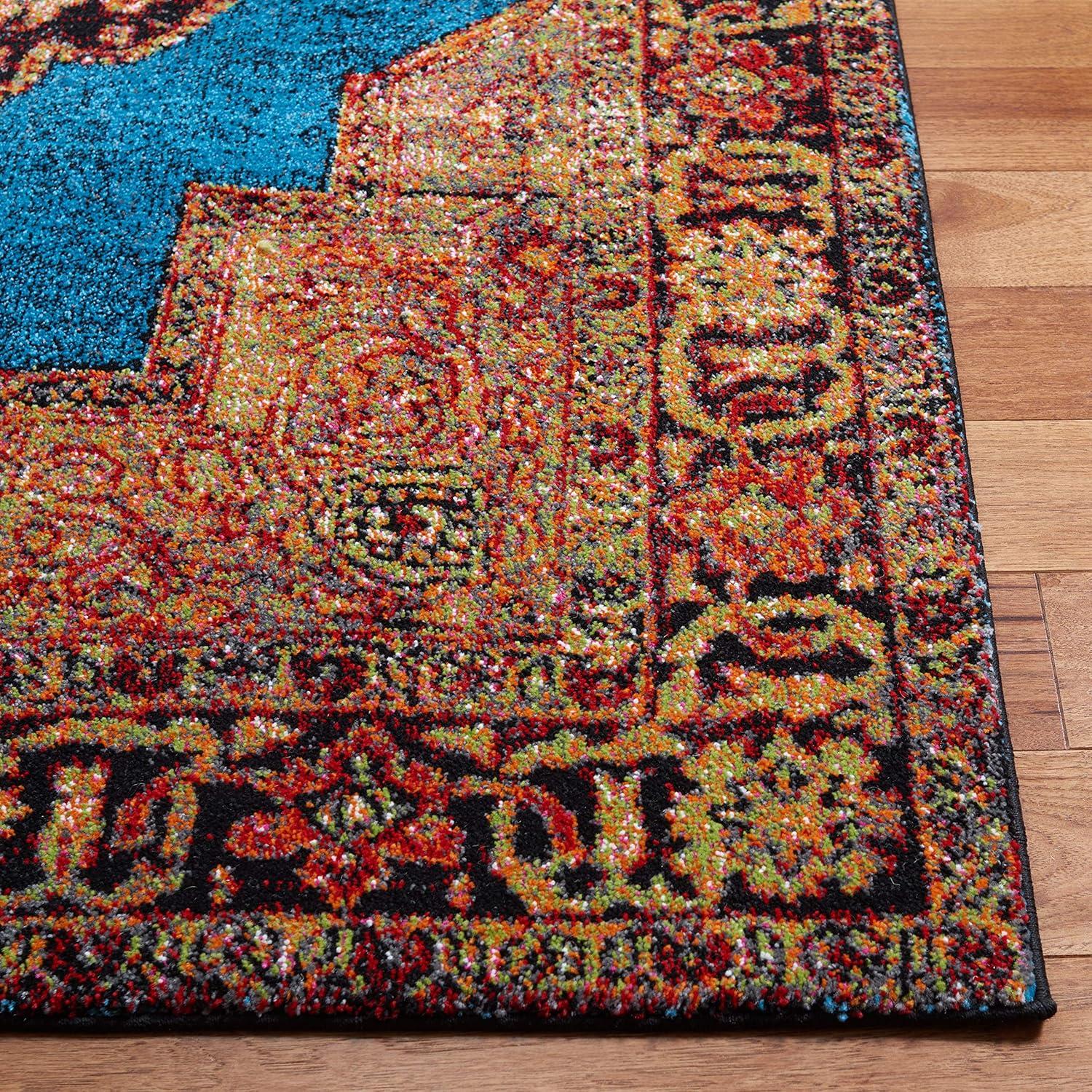 Vintage Blue and Gold Square Synthetic Area Rug