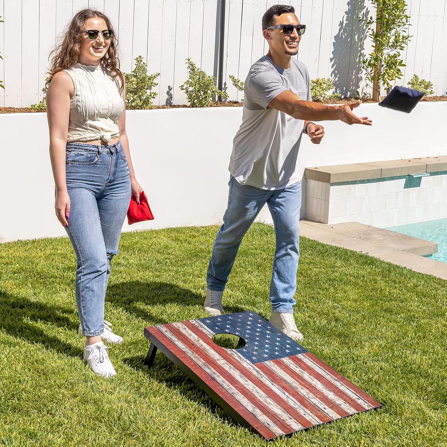 GoSports American Flag Cornhole Set with Wood Plank Design - Includes Two 3' x 2' Boards, 8 Bean Bags, Carrying Case and Game Rules