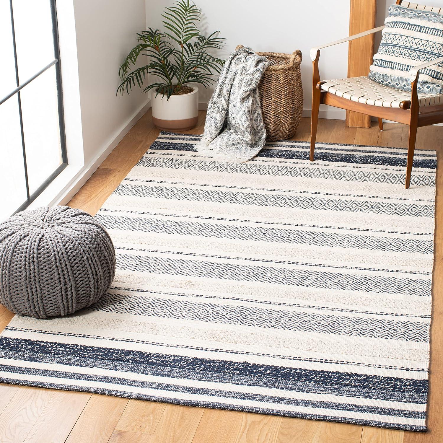 Striped Kilim STK502 Hand Woven Area Rug - Ivory/Navy - 5'x8' - Safavieh.