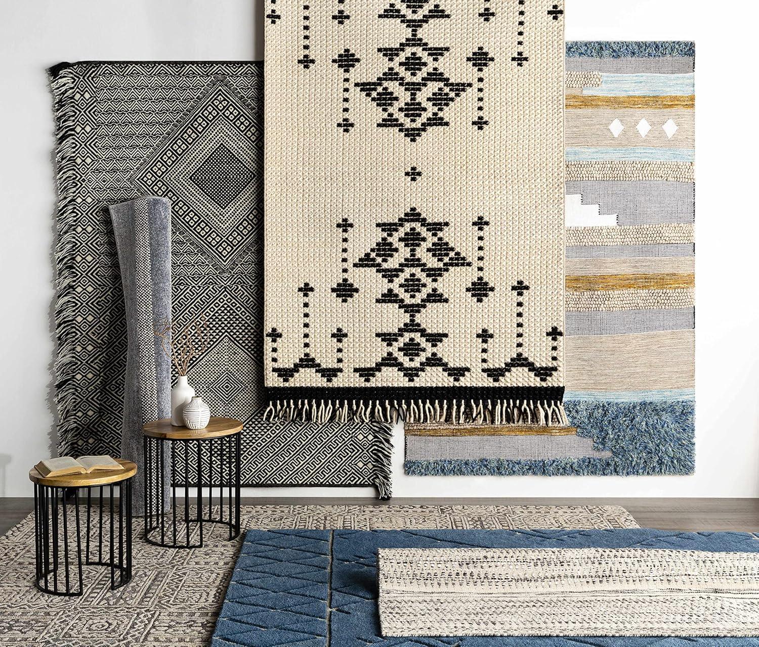 Hauteloom Arabi Boho Hand Woven Wool Natural Fiber Soft Area Rug for Living Room, Bedroom, Dining Room- Traditional Farmhouse High Pile Braided Carpet - Black, Gray, Beige - 8'10" x 12'