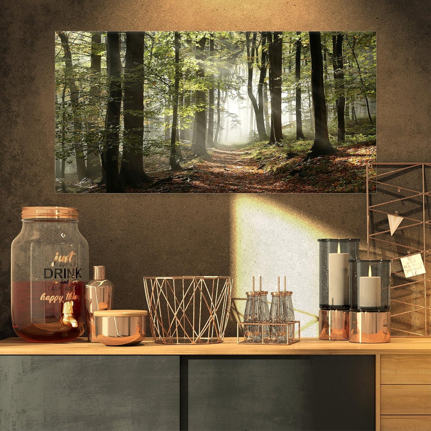 Designart 'Green Fall Forest with Sun Rays ' Landscape Photography Canvas Print